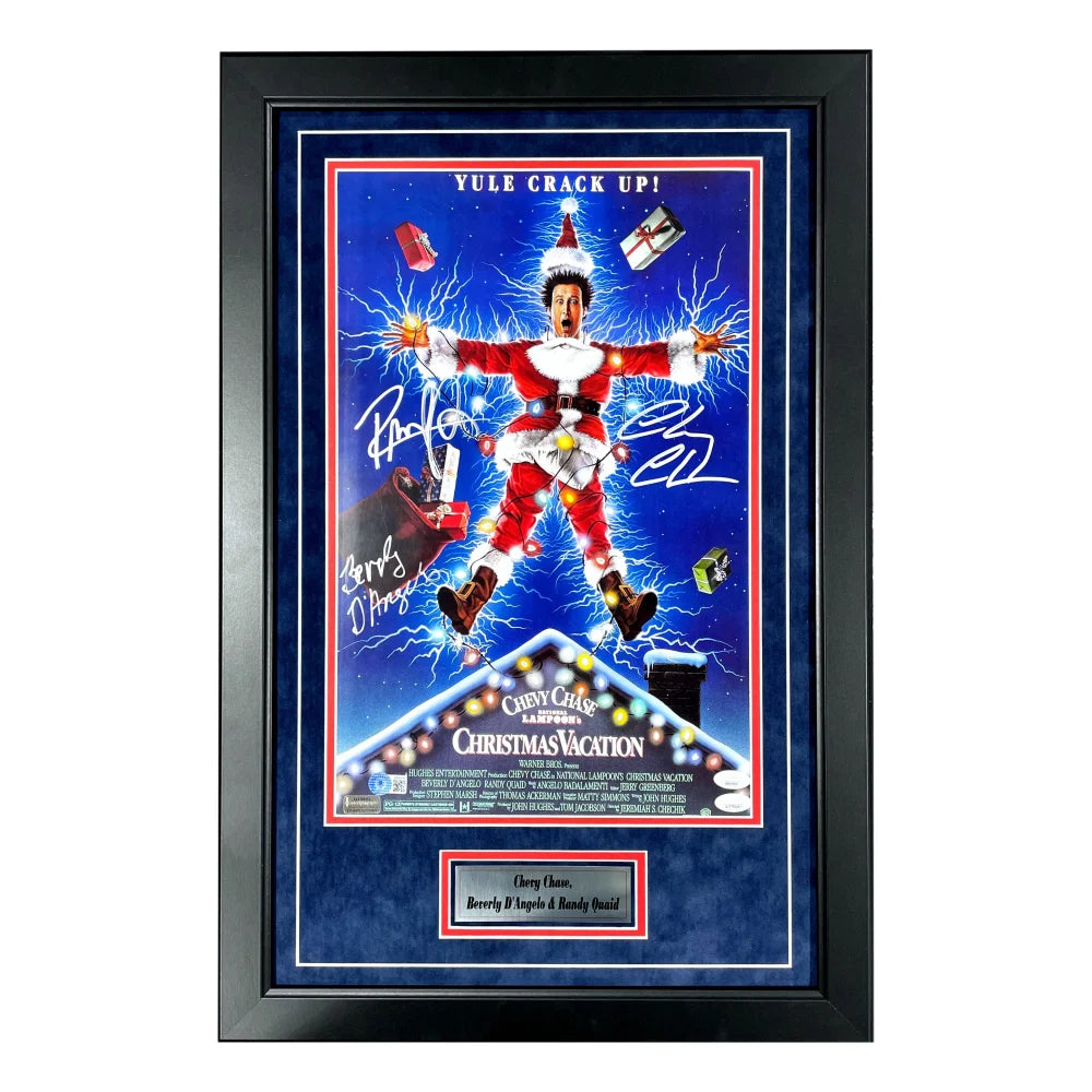 Chevy Chase Beverly D'Angelo Randy Quaid Autographed Christmas Vacation Movie Poster - 12x18 Framed with JSA COA - Perfect for Holiday Decor, Movie Memorabilia Collection & Christmas Gift