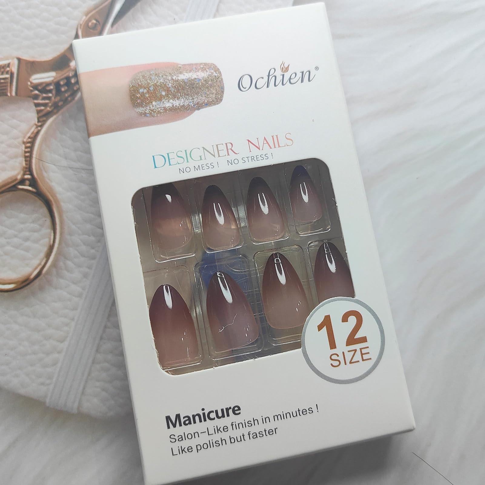 Gradient Brown Chrome Press on Nails - Medium Almond Fake Nails with Mirror Metal Design | Glossy Ombre Acrylic Glue on Nails for Women & Girls | 24Pcs Manicure Set for Parties, Weddings & Special Occasions