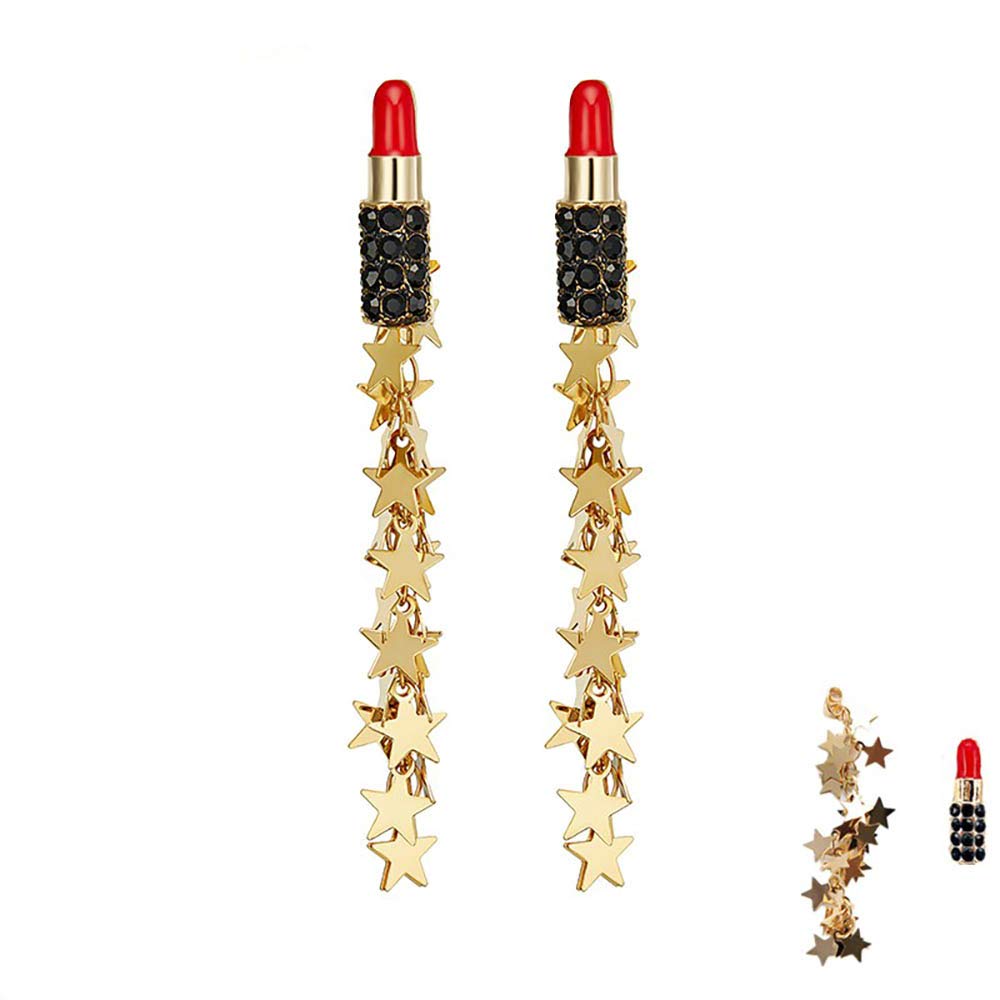 Sexy Red Lipstick Pin Earrings for Women - Long Star Tassel Fringe Drop Dangle Earrings - Wedding & Party Jewelry - Perfect for Date Nights, Prom, and Special Occasions