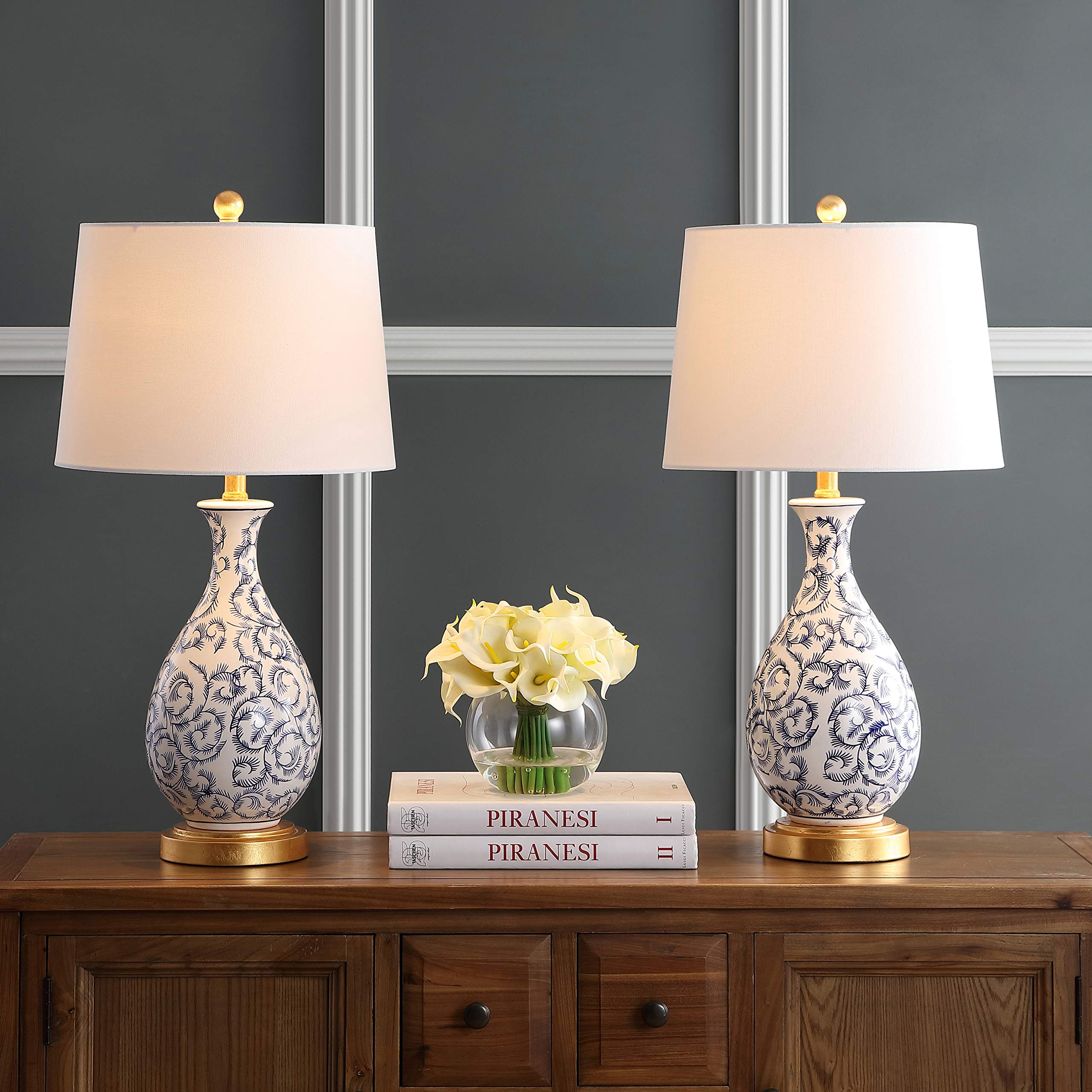 SAFAVIEH Avi Scroll 28-inch Table Lamp Set of 2 - Blue & White Modern LED Desk Lamp for Bedroom, Living Room, Home Office & Nightstand - Energy Efficient Lighting with Included LED Bulbs for Cozy Ambience & Task Lighting