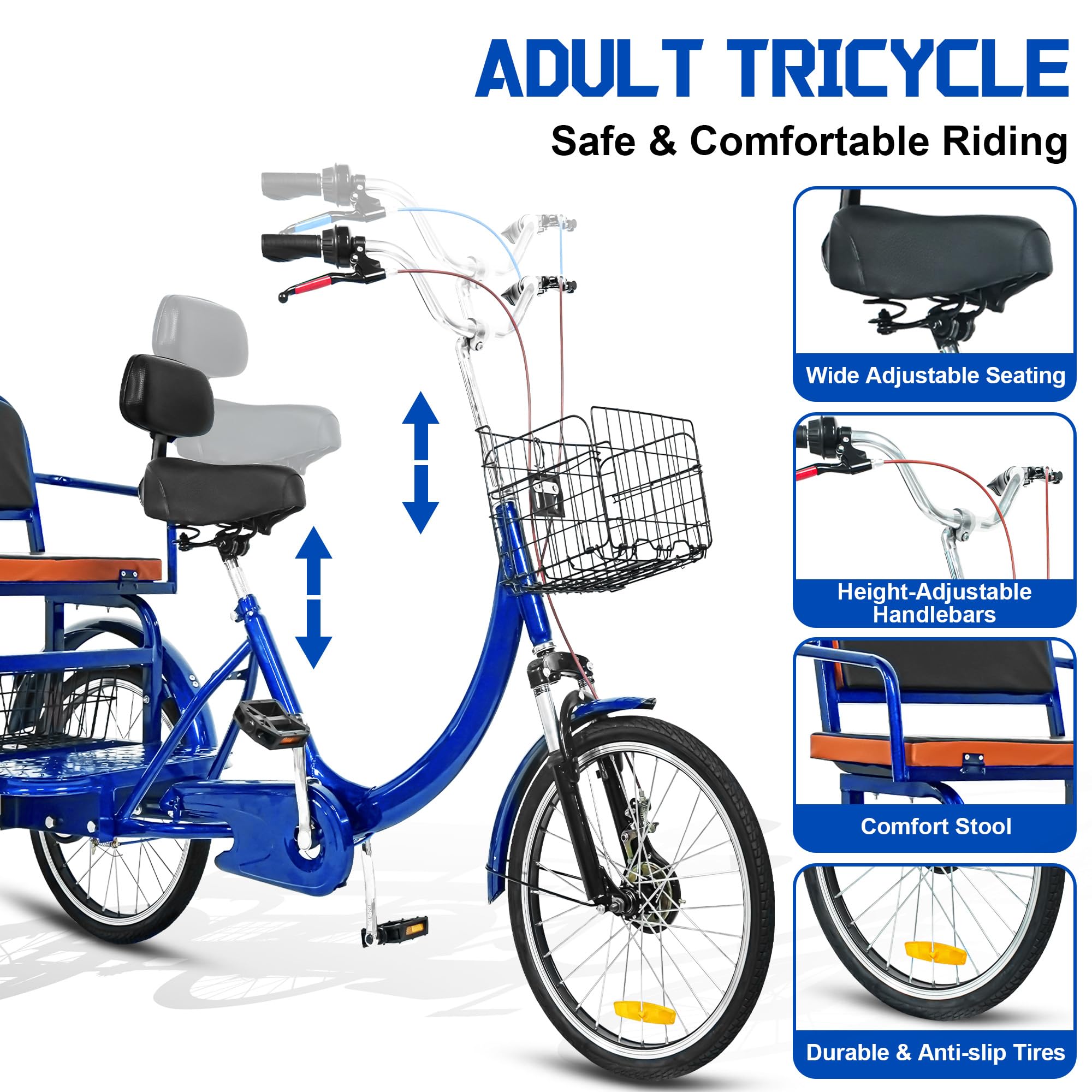 **Adult Tricycle 20 Inch 3-Wheel Bike - Low Step-Through Cruiser Trike for Women, Men & Seniors - Front & Rear Baskets - Perfect for Shopping, Commuting & Leisure Cycling (Blue)**