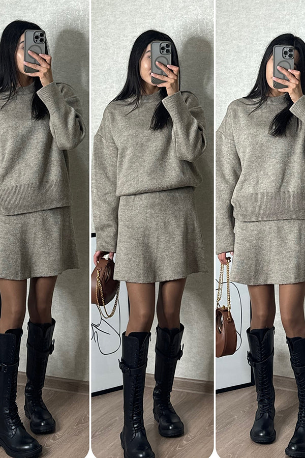 Stylish Solid Color Preppy Knit Top & Stretch Mini Skirt Set - Casual Outfit for Women | Perfect for School, Work & Weekend Outings