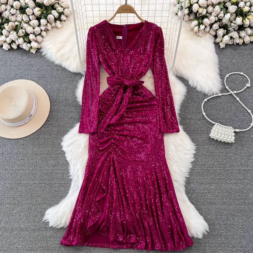 Elegant Long Sleeve V-Neck Sequined Mermaid Evening Gown - Perfect for Prom, Wedding Guest & Formal Events | Style 1787