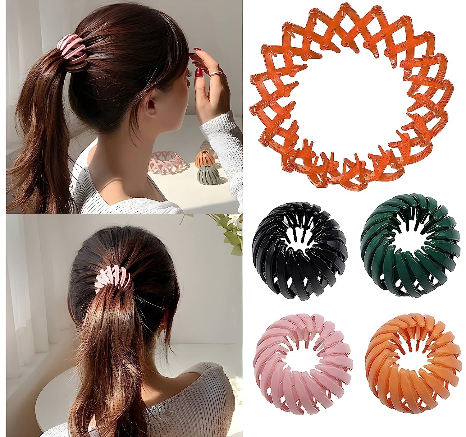 4PCS Korean Fashion Rhinestone Rose Hair Clips - Expandable Ponytail Holders & Bun Makers for Women (Multicolor) | Perfect for Weddings, Parties & Daily Styling