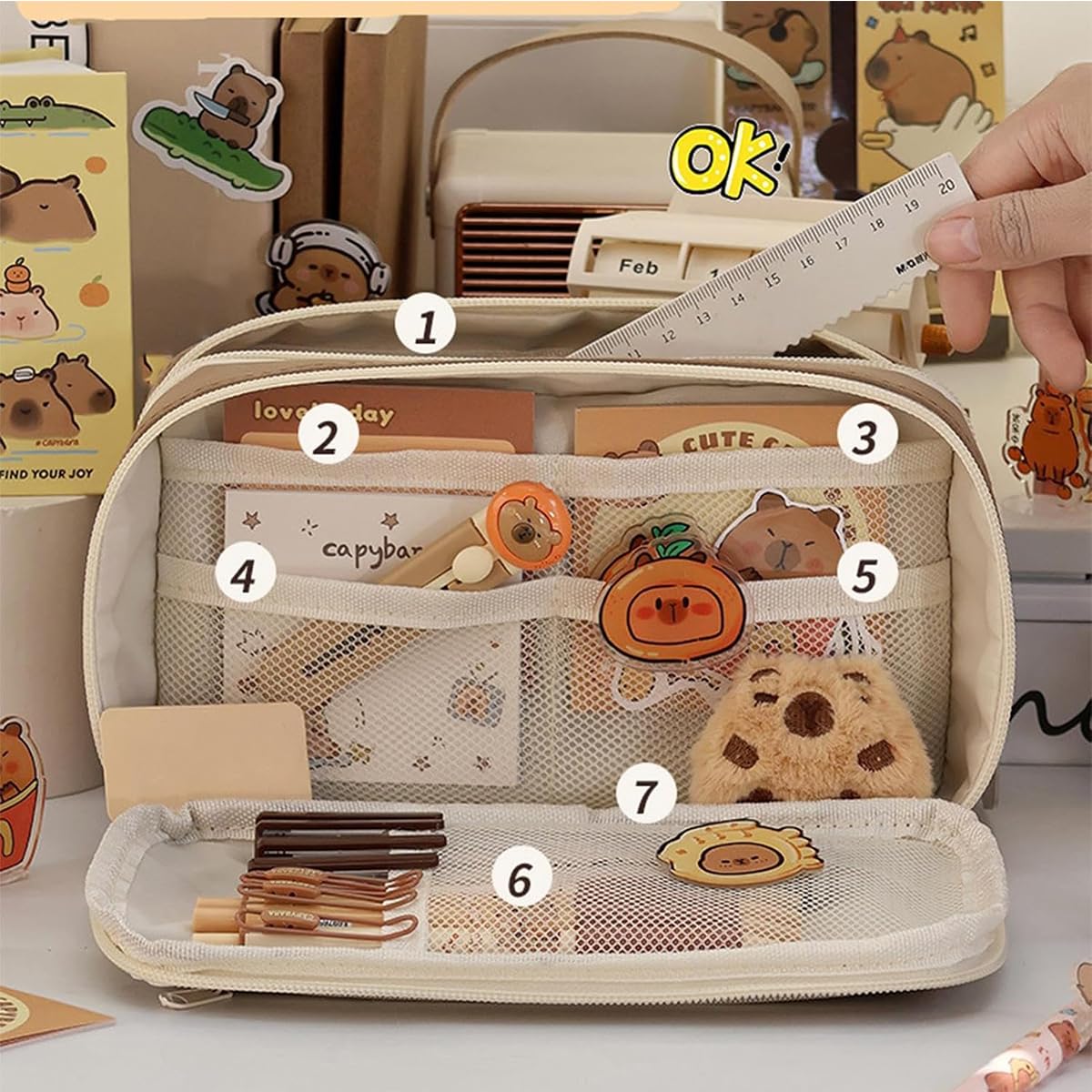 Capybara Pencil Case with 9 Compartments - Cute School Supplies for Students