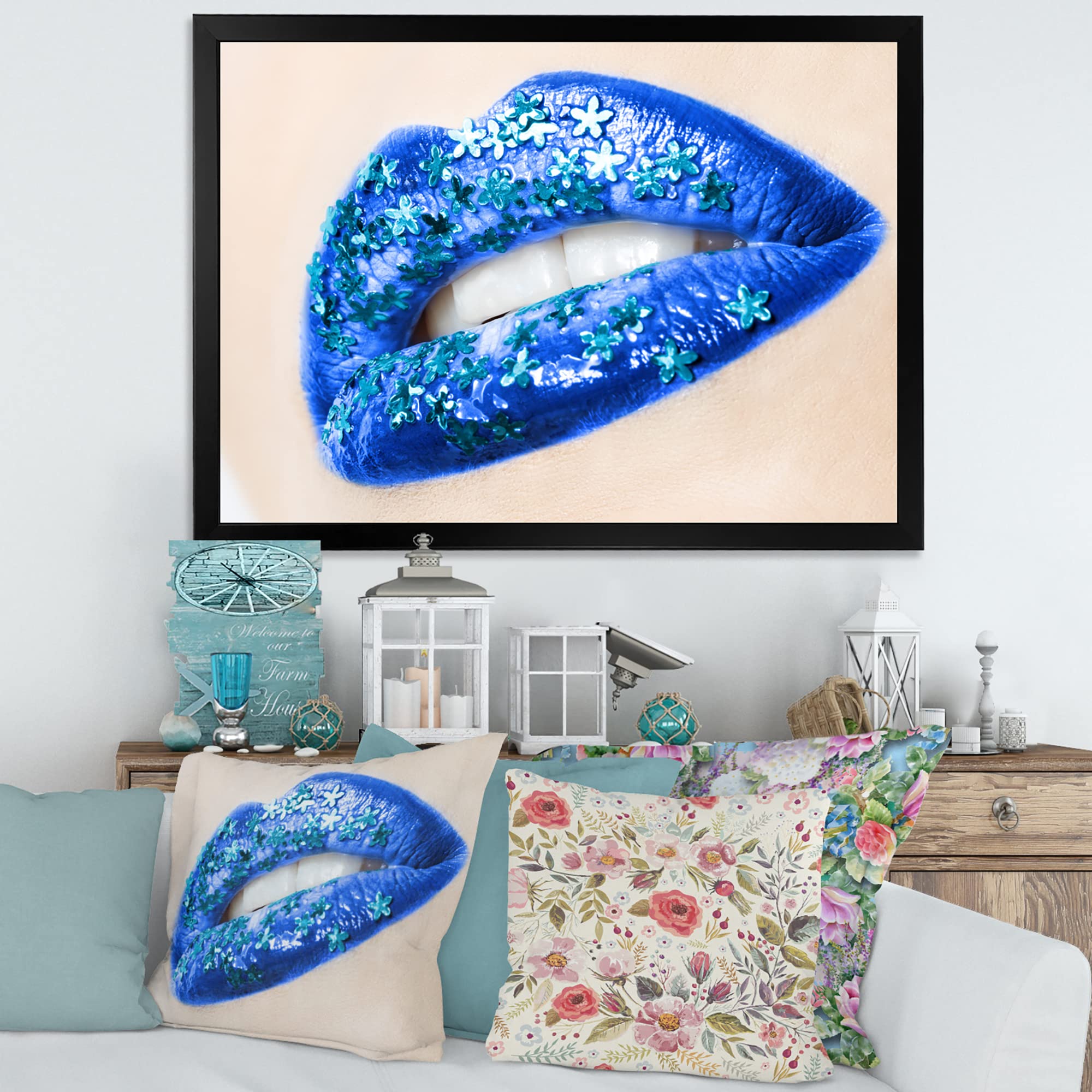 Beautiful Blue Floral Lips Modern Framed Wall Art for Women - Perfect for Living Room, Bedroom & Office Decor