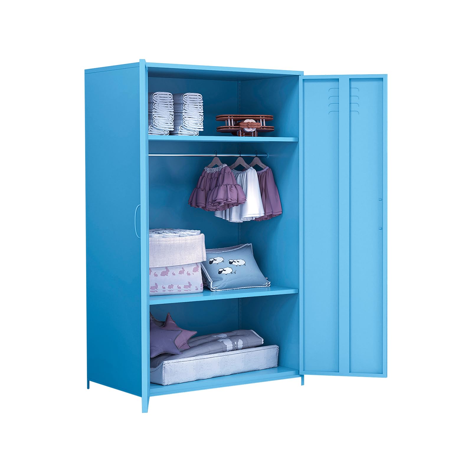 Steel Locker Cabinet with Double Doors, Hanging Rod & Shelves - Storage for Clothes, Toys & School Supplies | Perfect for Bedroom, Classroom & Office Organization (Blue)