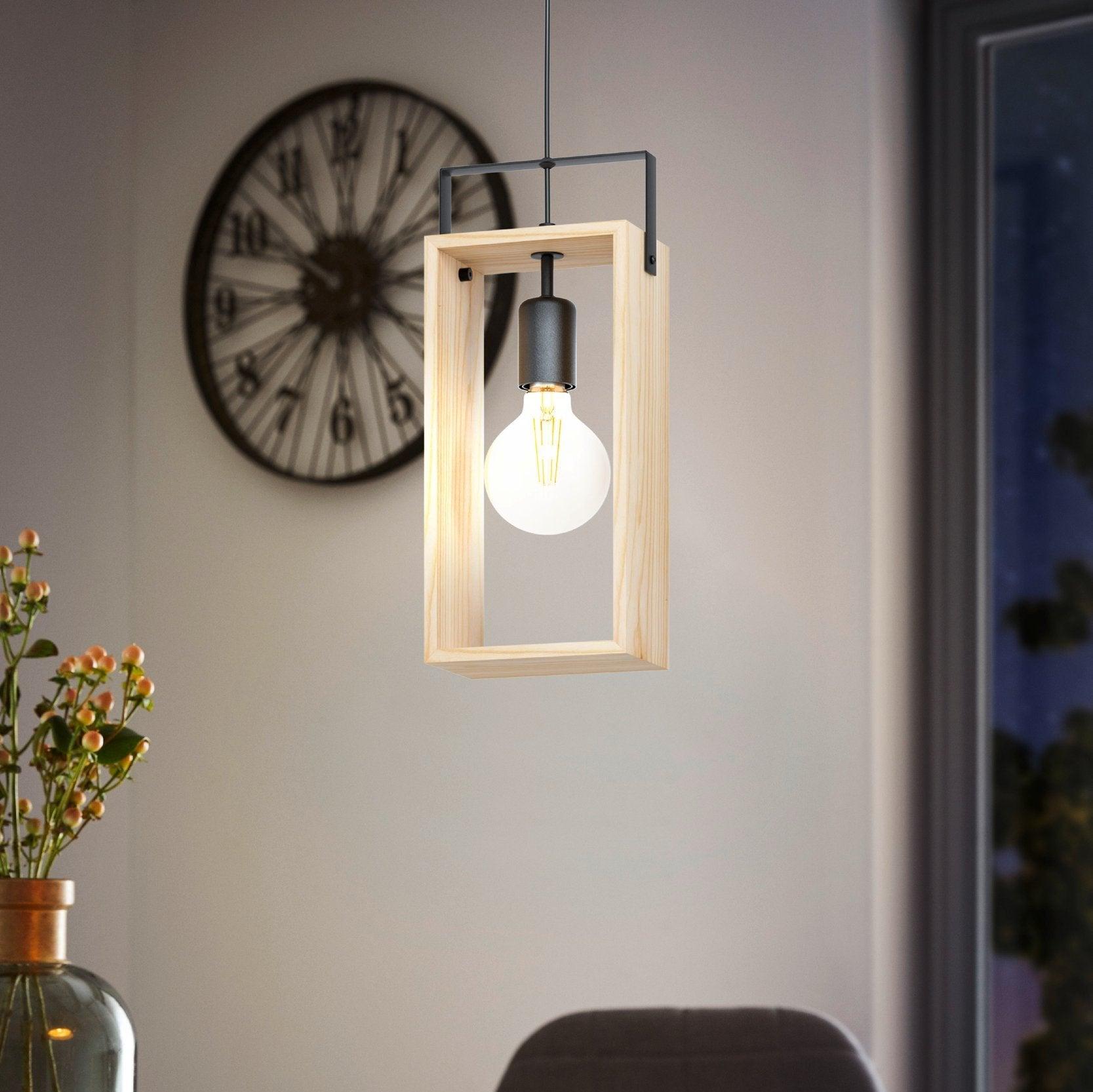 Eglo Famborough Modern Rectangular Wood & Black Metal Ceiling Pendant Light Fixture - Perfect for Dining Room, Kitchen Island, and Living Room Lighting