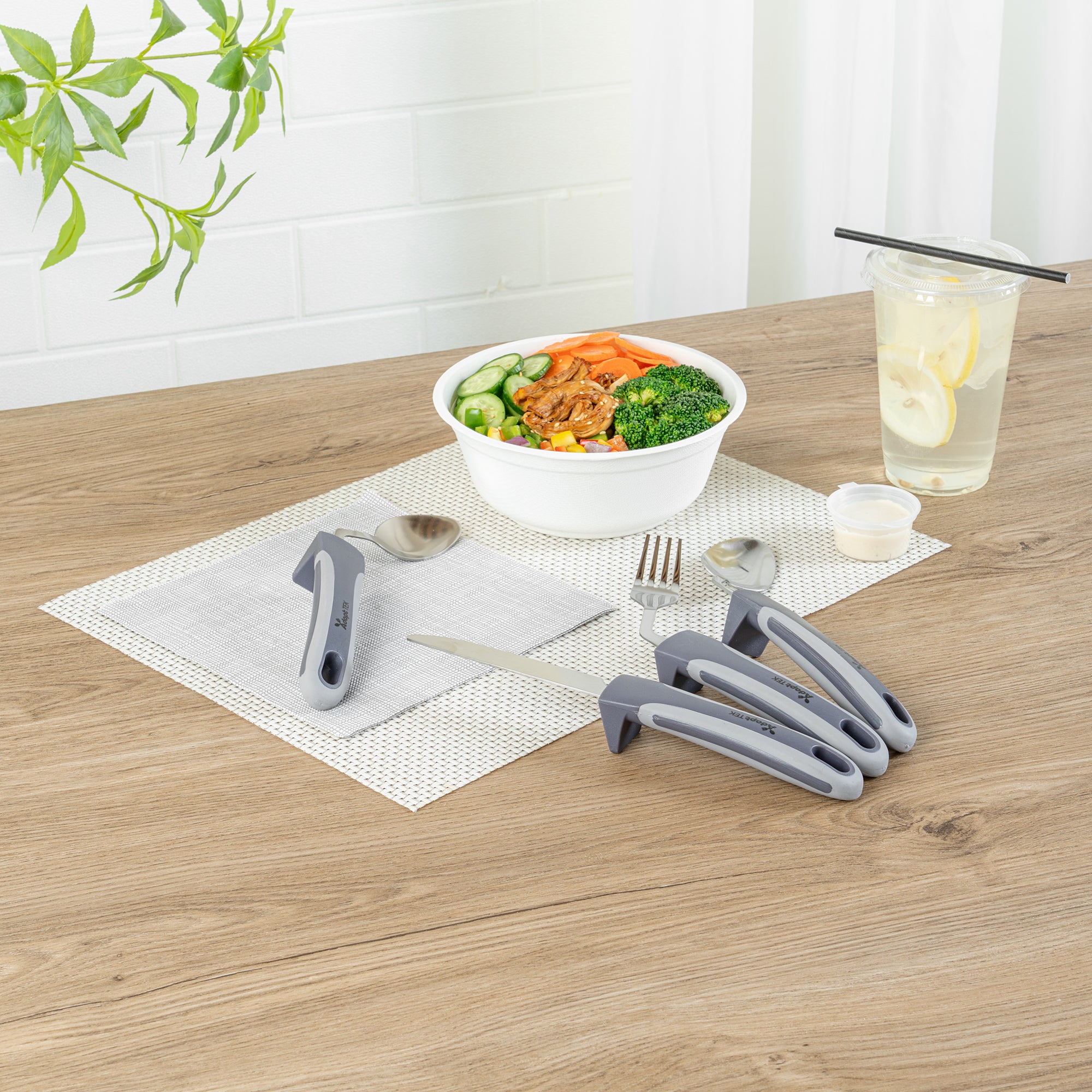 Adapt Tek Gray Stainless Steel 4-Piece Adaptive Offset Utensil Set for Left-Handed Users - Lightweight, Non-Slip Grip - Perfect for Arthritis & Limited Mobility - 1 Count Box - Ideal for Cooking, Dining & Assisted Living