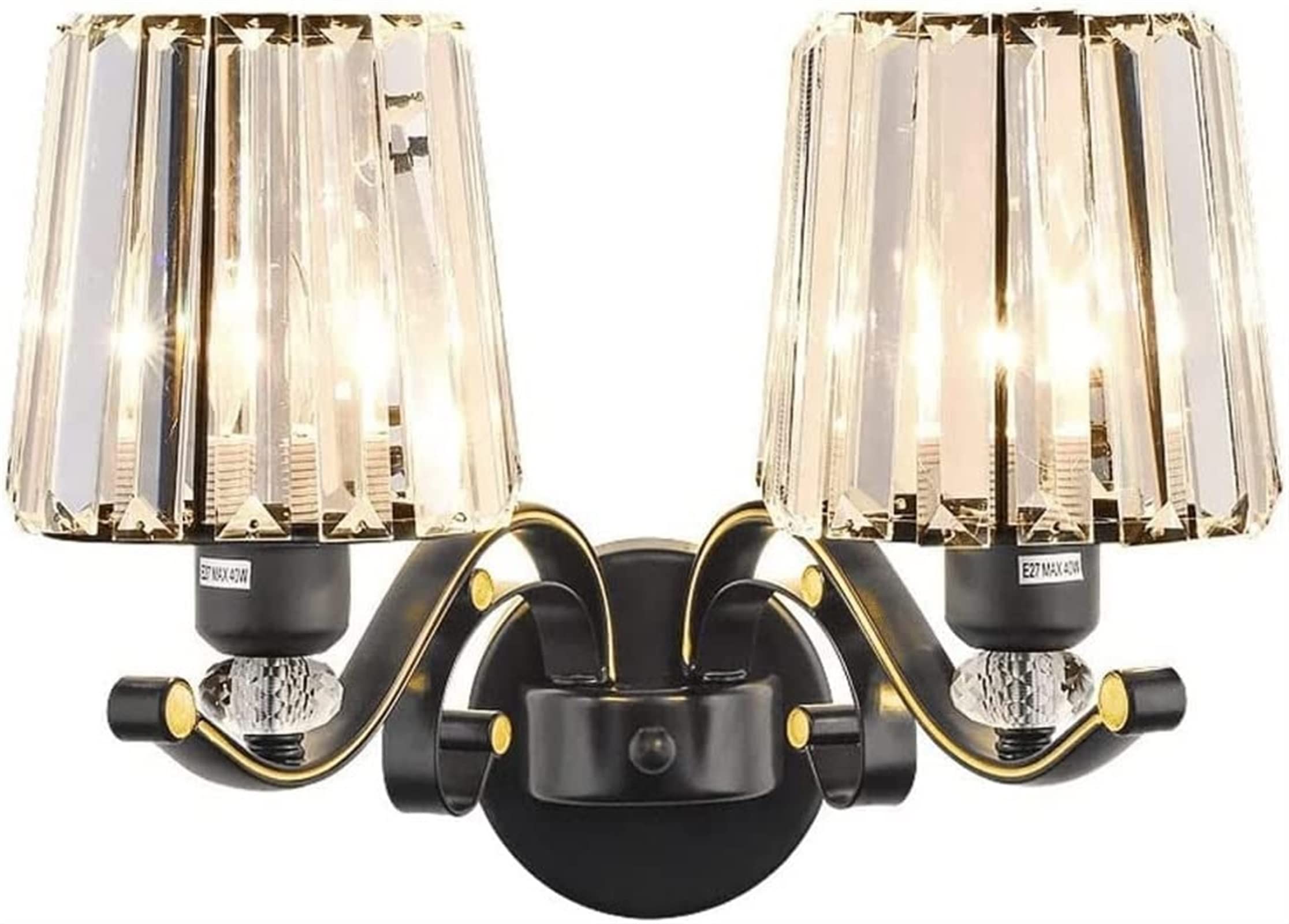 Luxury Black Gold Crystal Wall Lamp - Modern Metal Wall Sconce with E27 Base, 2-Light Fixture for Bedroom, Living Room, Bathroom & Hallway - Perfect for Bedside Reading & Elegant Home Decor