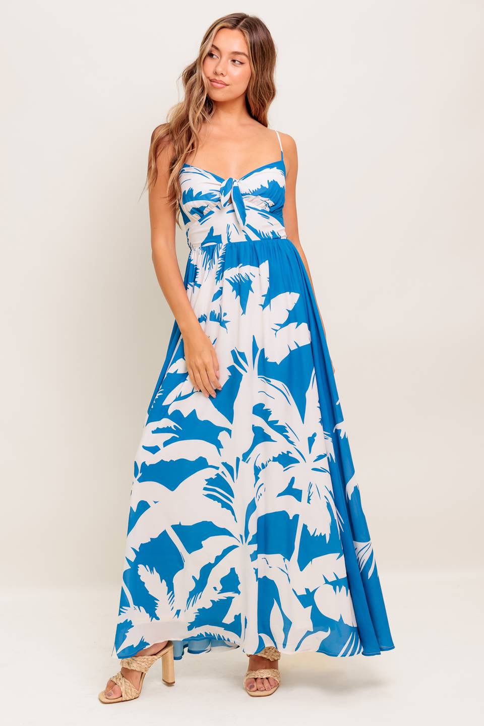 KAIA Blue Palm Print Maxi Dress - Flowy Summer Beach Dress for Women, Perfect for Vacations, Parties & Casual Outings