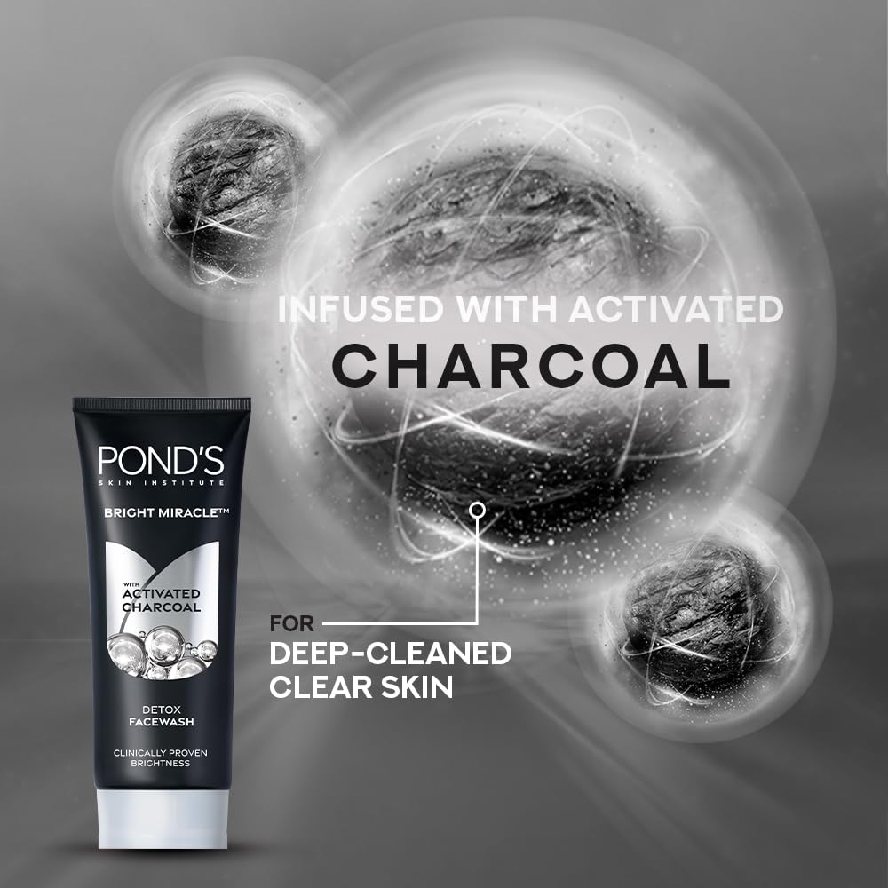 POND'S Bright Miracle Detox Face Wash with Activated Charcoal - Deep Cleansing for Glowing Skin | Removes Dirt, Oil & Pollution | 150g | Perfect for Daily Skincare Routine & Post-Makeup Cleansing