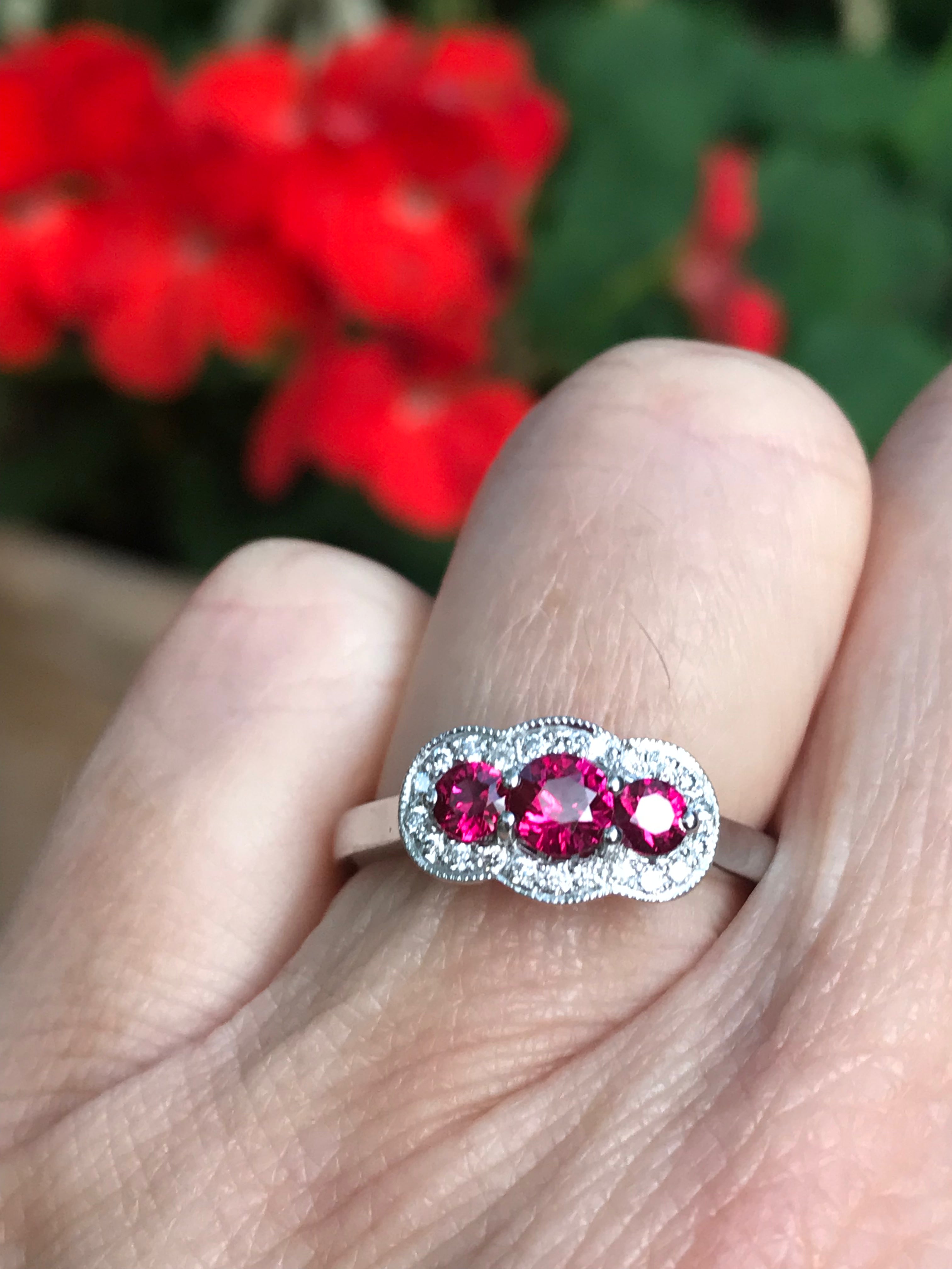 Platinum Ruby & Diamond Three Stone Halo Engagement Ring for Women - Elegant Wedding, Anniversary, or Proposal Jewelry Gift