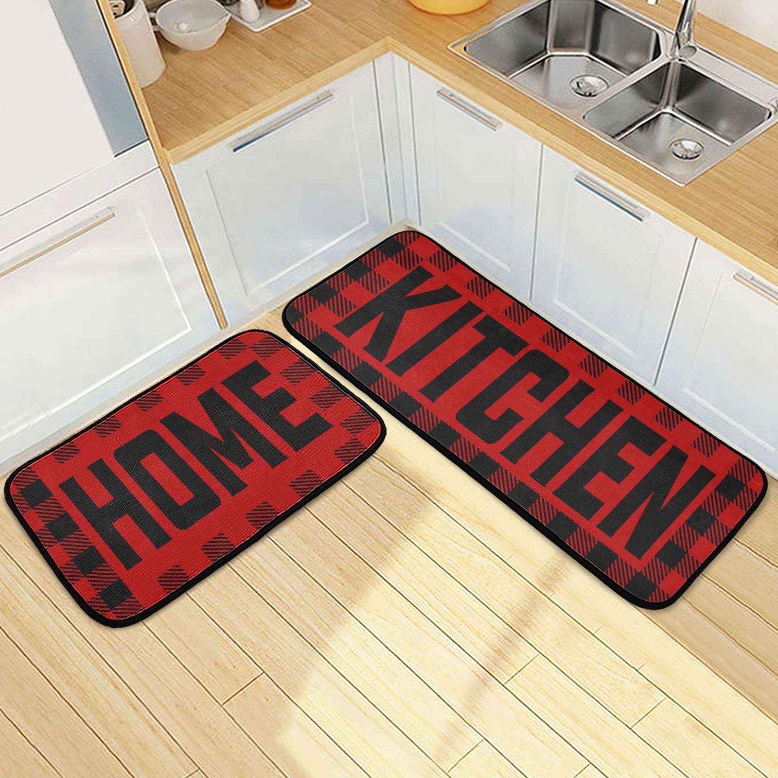 Buffalo Plaid Checked Black Red Kitchen Mat Set of 2 - Anti-Fatigue, Washable, Non-Slip Cushioned Foam Kitchen Runner Rugs - Comfort Standing Mats for Floor, Laundry Room & Home Decor - Perfect for Farmhouse, Cabin & Rustic Style Kitchens