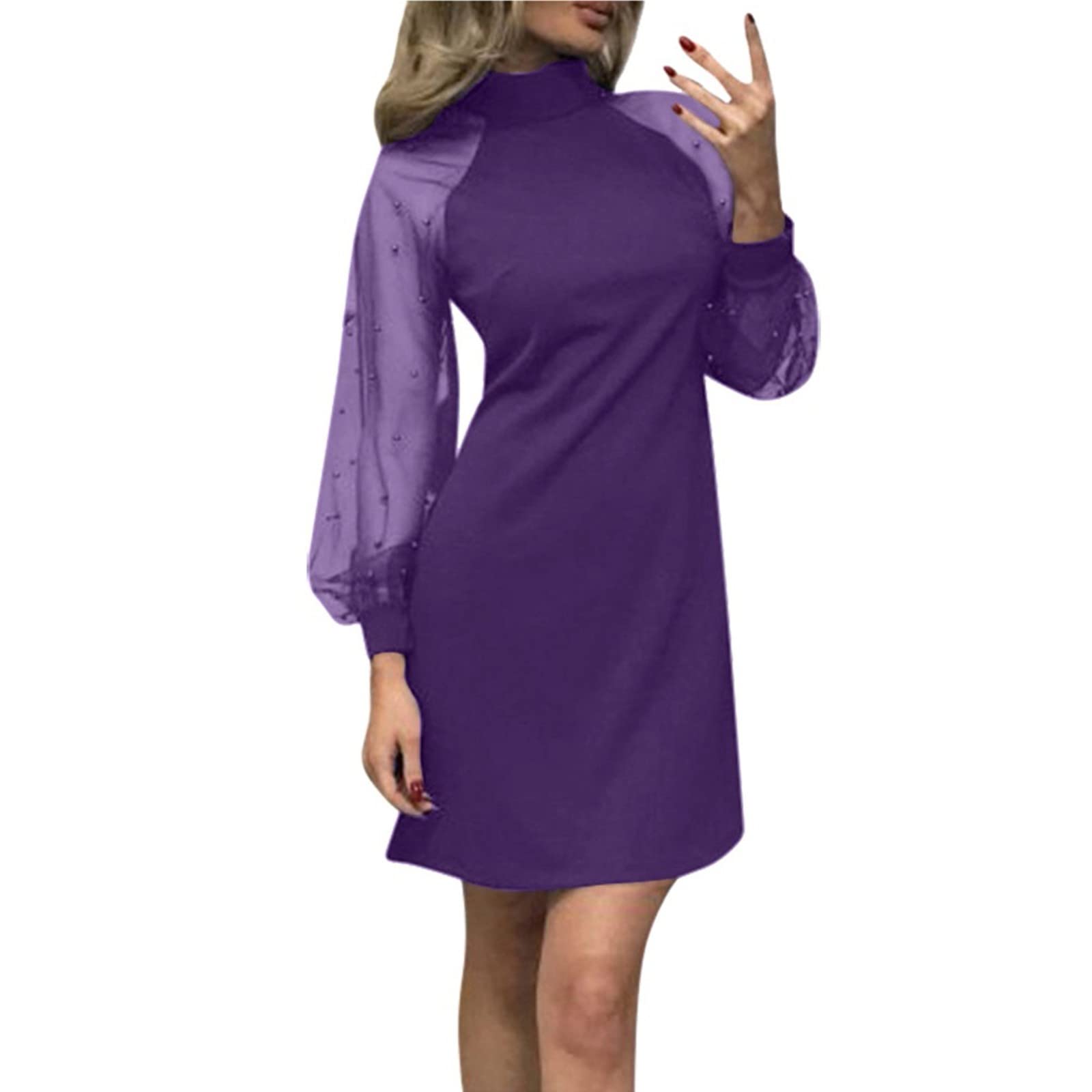 Elegant Women's Summer Casual Loose Dress with Pearl Beading & Mesh Long Sleeves - Perfect for Beach Vacations, Garden Parties & Evening Events