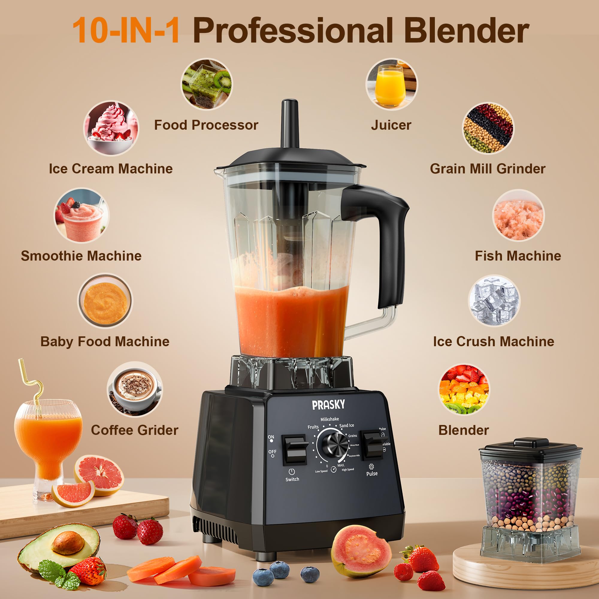 PRASKY 2400W High-Speed Professional Blender for Smoothies, Juices & Ice Crushing - 68oz BPA-Free Container with Grinder Attachment - Powerful Kitchen Blender for Shakes, Frozen Drinks & Food Prep (2 Containers Included) - Perfect for Home Bars, Healthy Smoothies & Meal Preparation