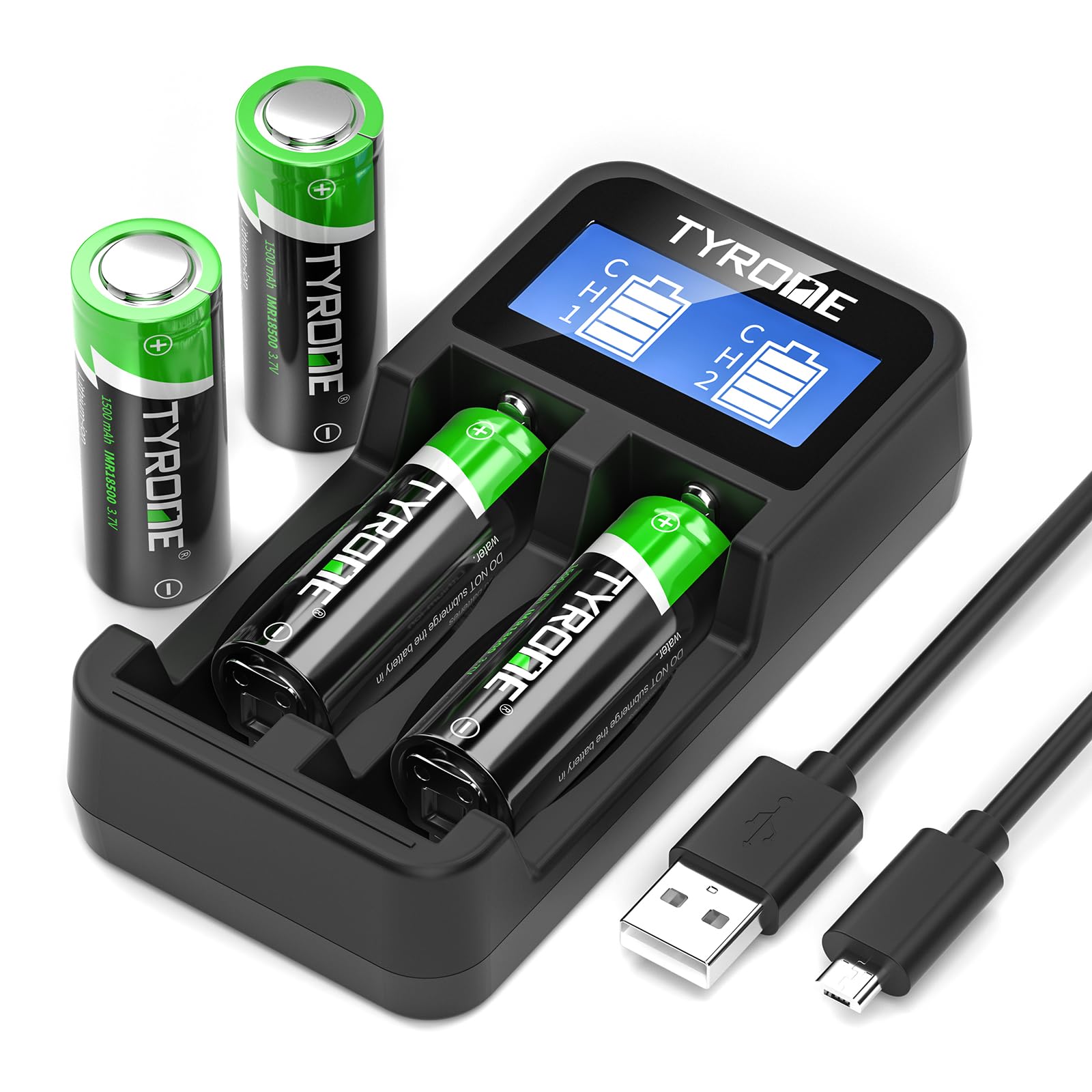 Tyrone 18500 Rechargeable Batteries 4-Pack with Smart Charger - 1500mAh 3.7V Flat Top Lithium Batteries & 2-Port USB Charger for Flashlights, Vape Mods, and Electronic Devices