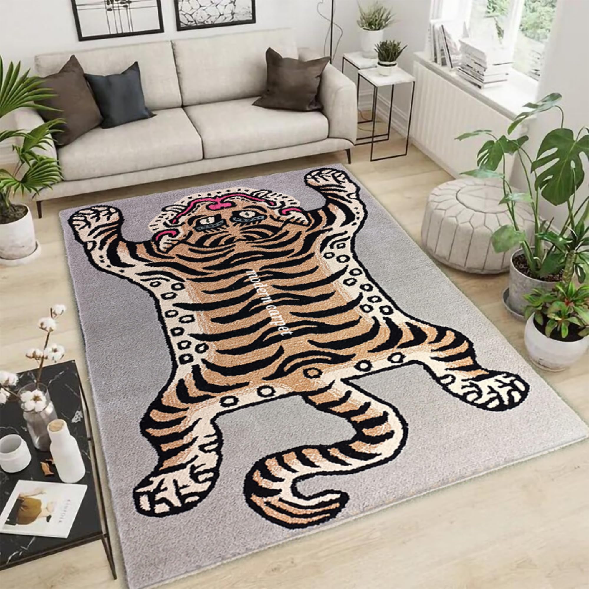 Handmade Tibetan Tiger Rug - 3x5 Ft 100% Wool Tufted Animal Skin Carpet for Living Room & Bedroom Decor | Modern Boho Home Accent | Perfect for Cozy Spaces & Meditation Areas