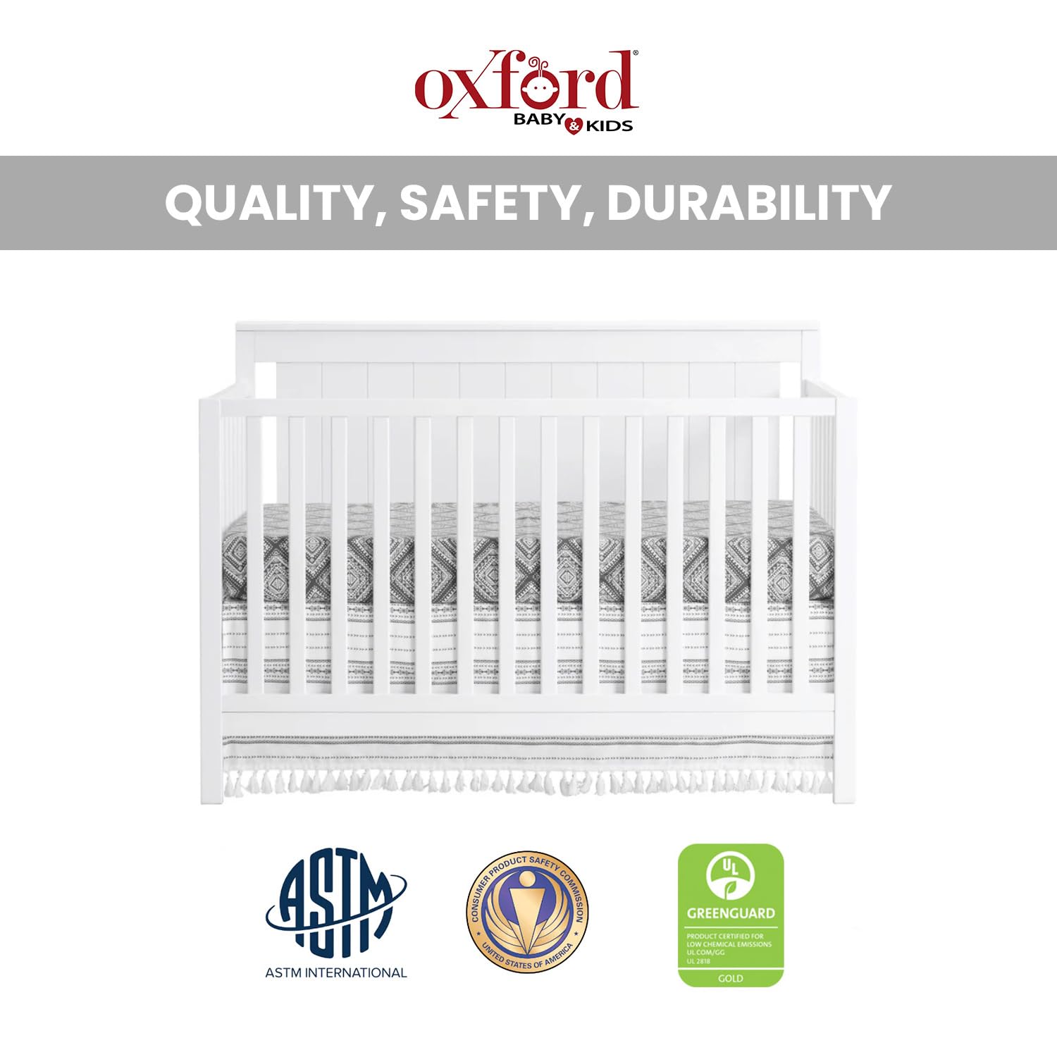 Oxford Baby Lazio 4-in-1 Convertible Baby Crib - Snow White, Greenguard Gold Certified, Safe Nursery Furniture for Newborn to Toddler | Perfect for Nursery, Daycare & Guest Room