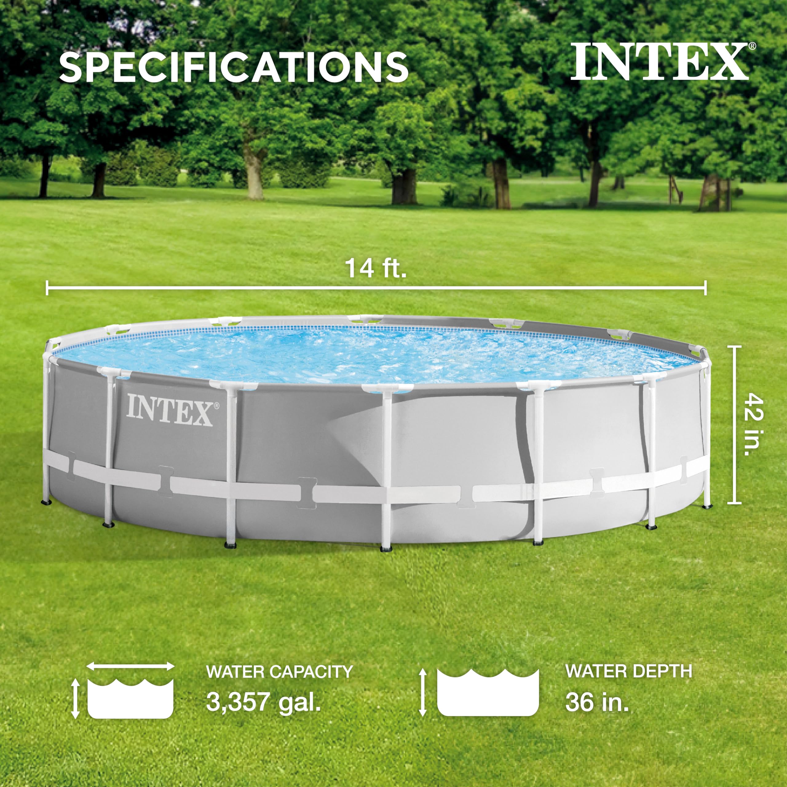 Intex 26719EH Prism Frame Premium Above Ground Swimming Pool Set - 14ft x 42in with 1000 GPH Cartridge Filter Pump | SuperTough Puncture & Rust Resistant | 3357 Gallon Capacity | Perfect for Backyard Family Fun, Summer Parties & Outdoor Relaxation