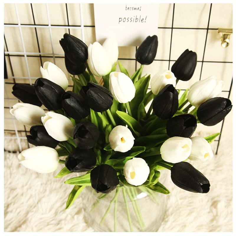 30 Pcs Real Touch PU Artificial Tulips Flowers - Black and White Fake Tulip Bouquet for Home, Office, Wedding & Party Decorations | Perfect for Centerpieces, Table Arrangements and Seasonal Home Decor