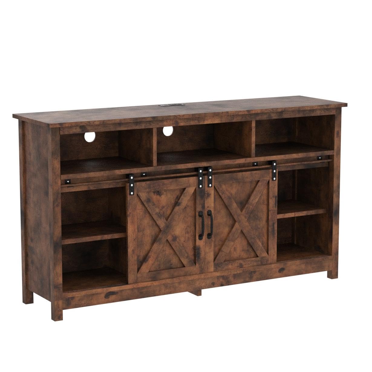 Rustic Farmhouse Coffee Bar Cabinet with Sliding Barn Door & Power Outlet - Buffet Server Sideboard Storage Cupboard for Dining Room, Kitchen, Entryway - Perfect for Coffee Stations, Home Bars & Kitchen Organization (Rustic Brown)
