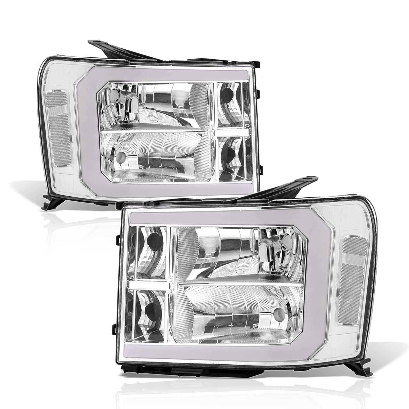 LED DRL Headlights for GMC Sierra 1500/2500HD/3500HD 2007-2014 - Chrome Housing, Clear Lens - Daytime Running Lights