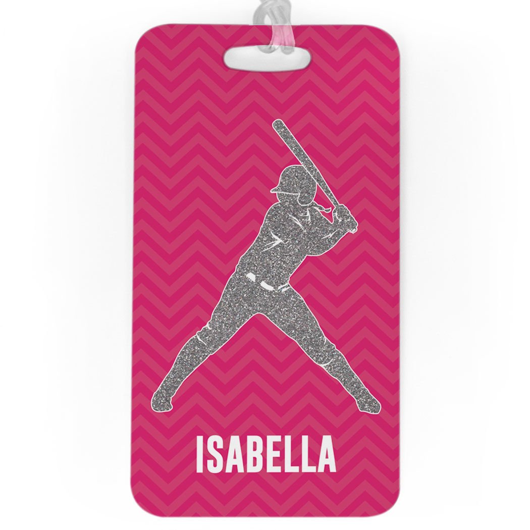 Personalized Softball Luggage Tag with Faux Glitter Chevron Pattern - Large Hot Pink Bag Tag for Travel Accessories | Perfect for Baseball & Softball Players, Sports Fans, Team Gifts