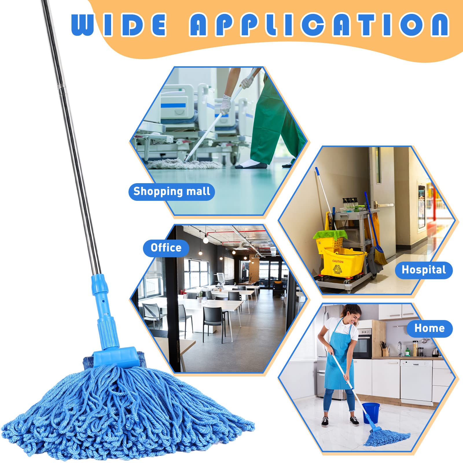 6-Pack Heavy Duty 16oz Blue Cotton Mop Heads - Commercial Floor Cleaning Refills