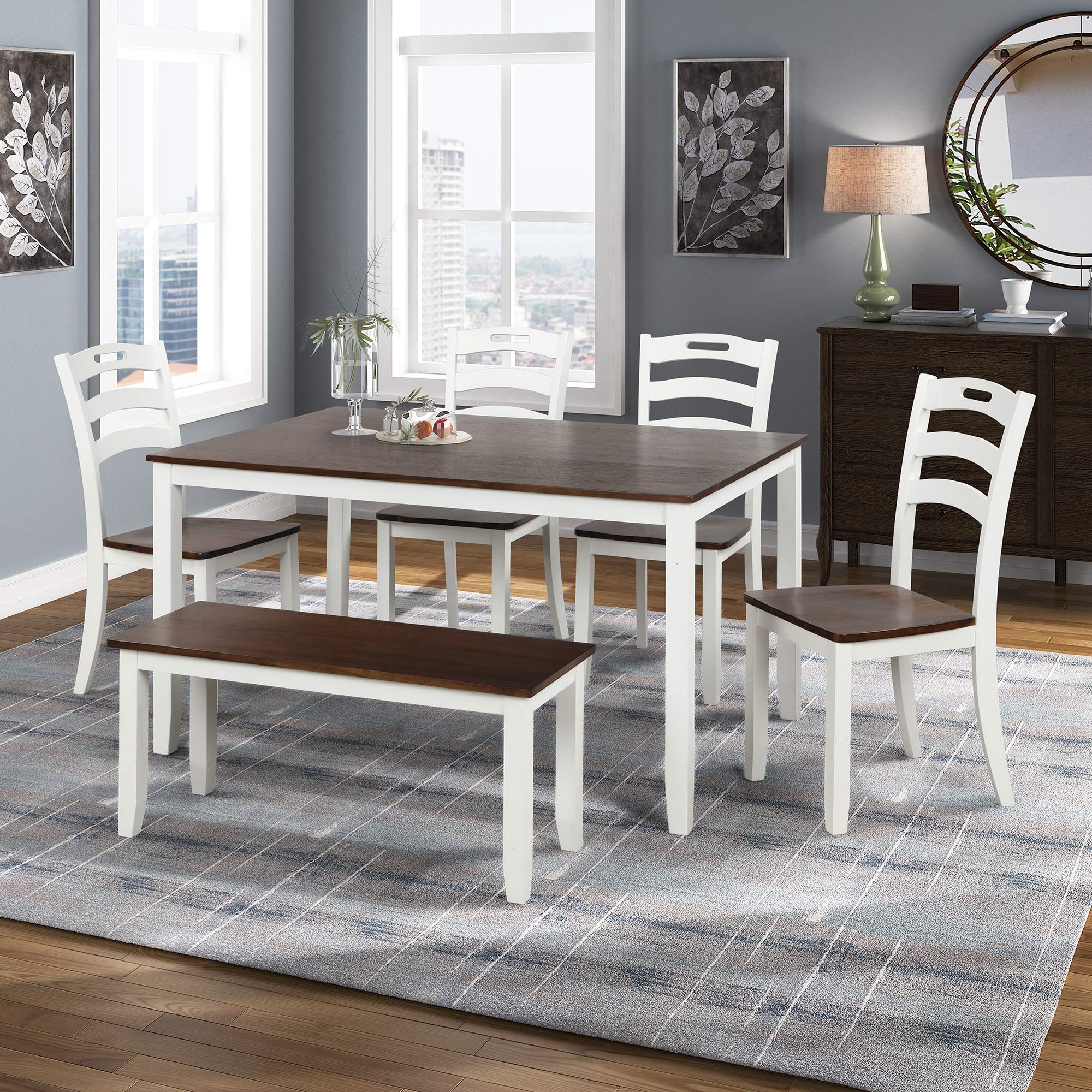 Modern 6-Piece Wooden Dining Table Set with Bench & 4 Chairs - Solid Wood Kitchen Table for Family of 6 - Perfect for Small Spaces, Breakfast Nooks & Cozy Family Meals