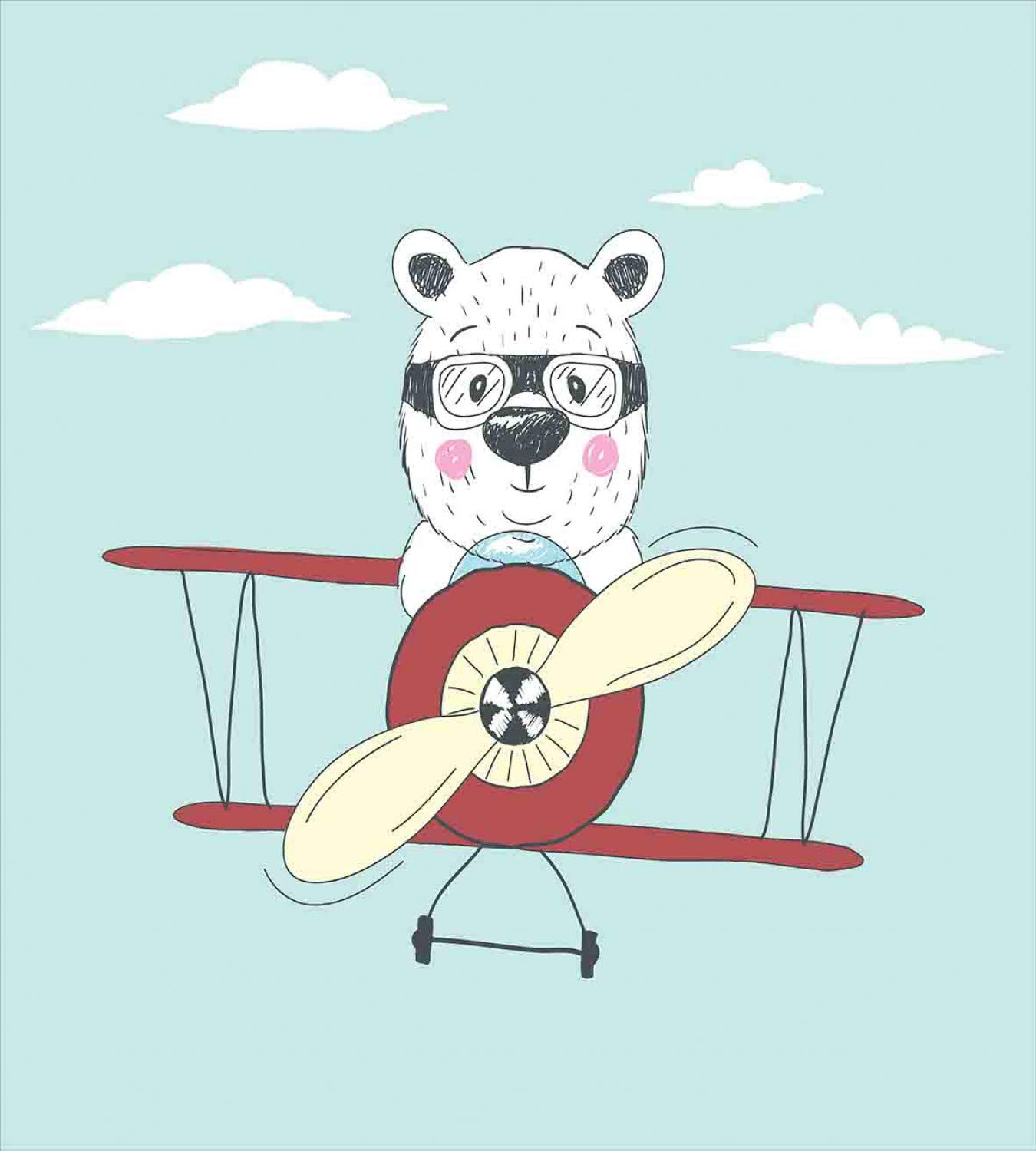 Ambesonne Cartoon Duvet Cover Set - Hand Drawn Pilot Bear Flying Airplane in Sky, Funny Kids Bedding 3-Piece Set with 2 Pillow Shams, California King Size, Pale Blue Cream Ruby - Perfect for Kids' Rooms, Nursery Decor & Whimsical Bedroom Themes