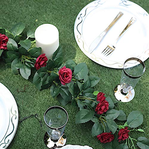 6 Feet Burgundy Silk Rose Flower Garland with Leaves - Wedding Centerpiece, Party Decor, Wholesale Bulk Supplies for Bridal Shower, Home Decoration, and Event Arrangements