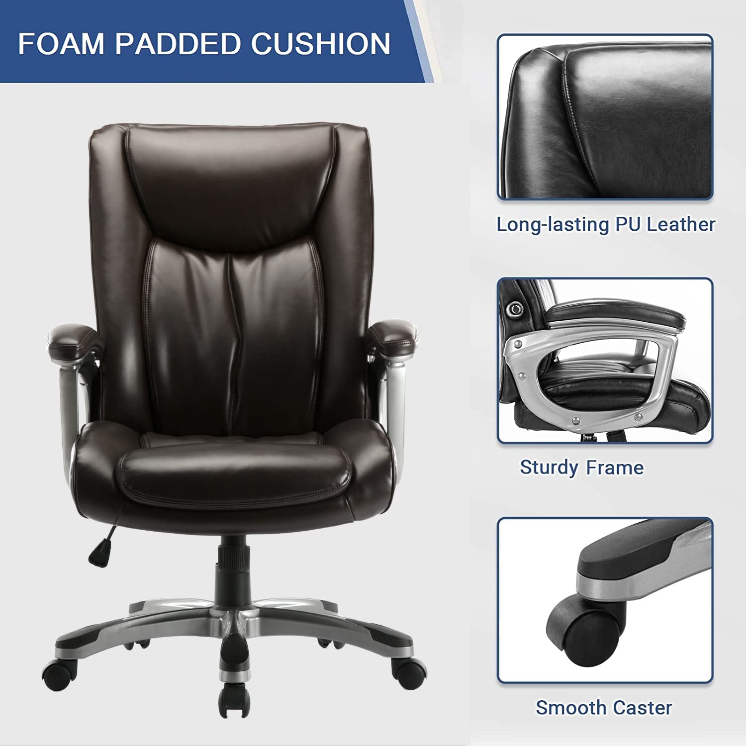 Ergonomic High Back Executive Office Chair - Adjustable Height & Lumbar Support, Faux Leather Swivel Desk Chair for Home & Office, Dark Brown - Perfect for Long Work Hours & Managerial Workspaces