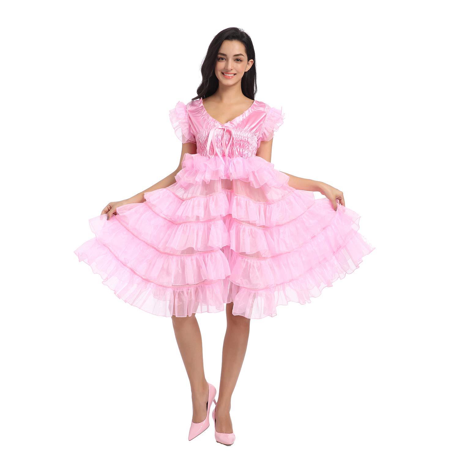 JOLINE Women's Pink Organza Layered Sissy Dress for Crossdressing - Perfect for Cosplay, Parties, and Special Occasions