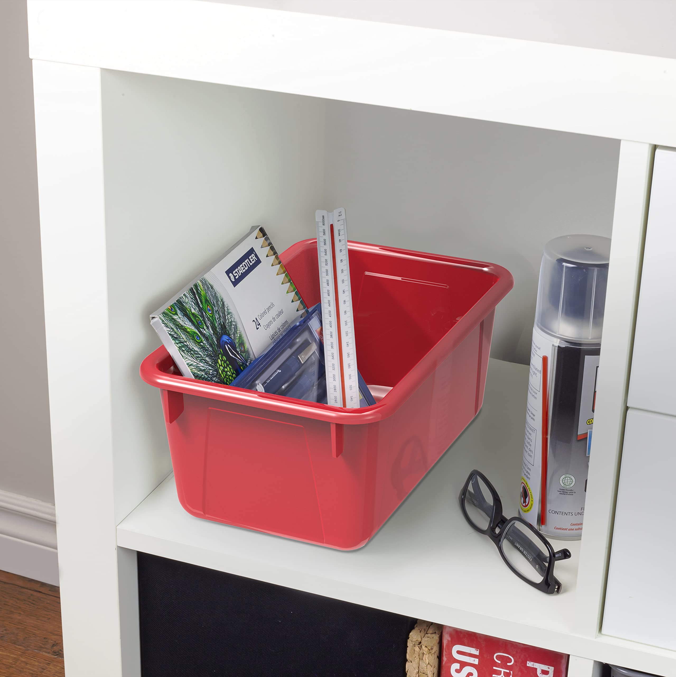 Storex Small Plastic Storage Bins 5-Pack - 12.2 x 7.8 x 5.1 Inches Classroom Organizers, Red Cubby Containers for School Supplies, Toys & Craft Storage (62415A05C) - Perfect for Homeschool, Daycare & Office Organization