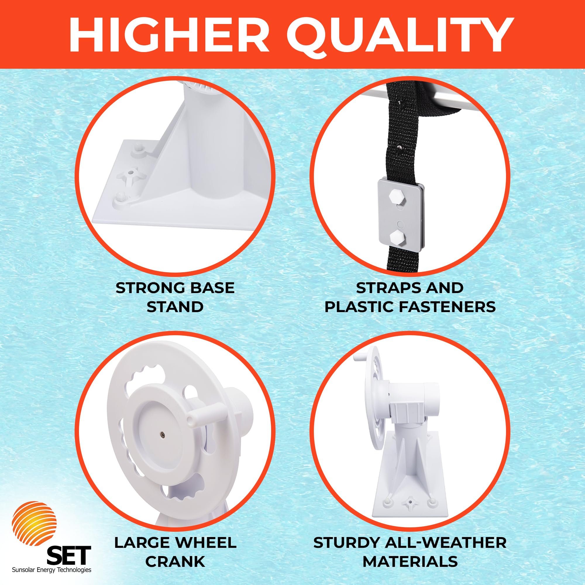 SunSolar Solar Cover Reel Kit for In-Ground Pools - Heavy Duty Plastic Wheel Cranks for Easy Pool Cover Rolling - Includes Straps & Clamps - Fits 3-Inch Pole (Pole Not Included) - Perfect for Backyard, Residential & Commercial Pool Maintenance