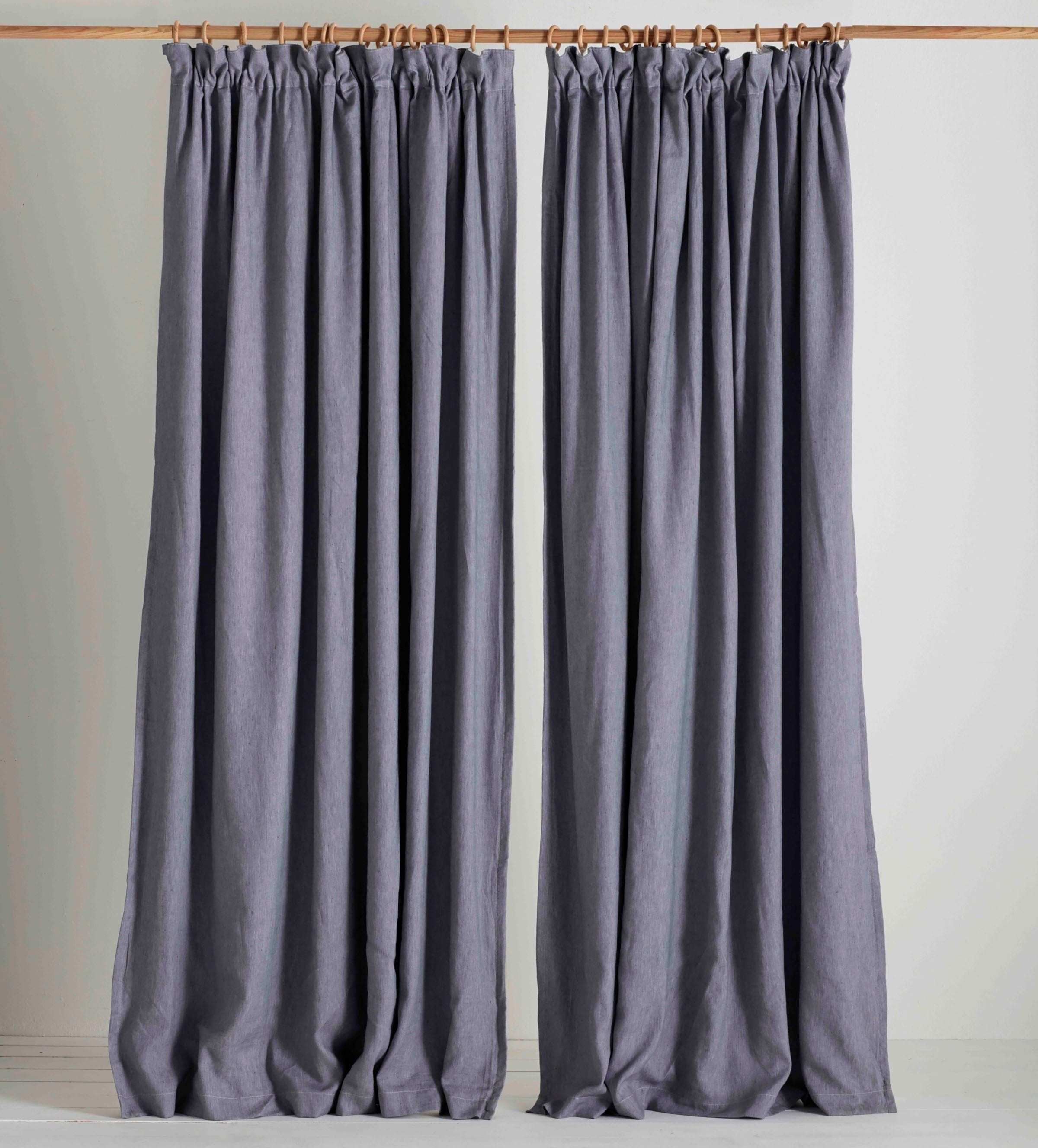 Premium French Blue Twill Cotton Linen Blackout Curtains - Pencil Pleat Design (Pair) for Living Room & Bedroom - Noise Reducing & Light Blocking Window Treatments