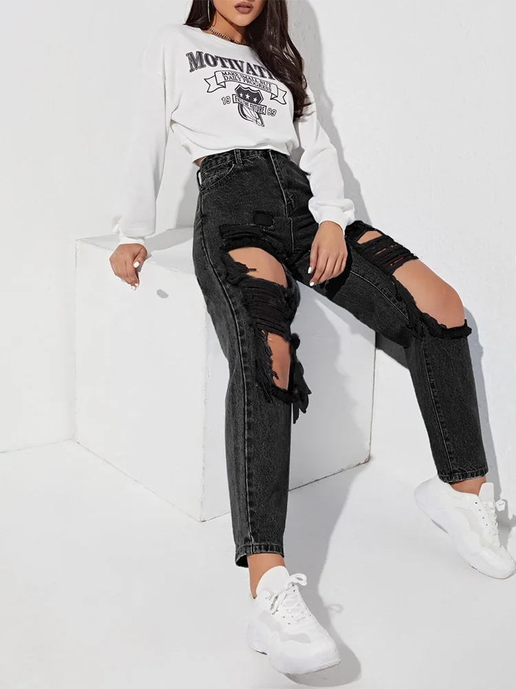 Women's Black High Waist Distressed Denim Patchwork Wide Leg Pants - Casual Loose Fit Button Fly Jeans for Fall Fashion | Perfect for Everyday Wear, Office Outfits & Autumn Styling