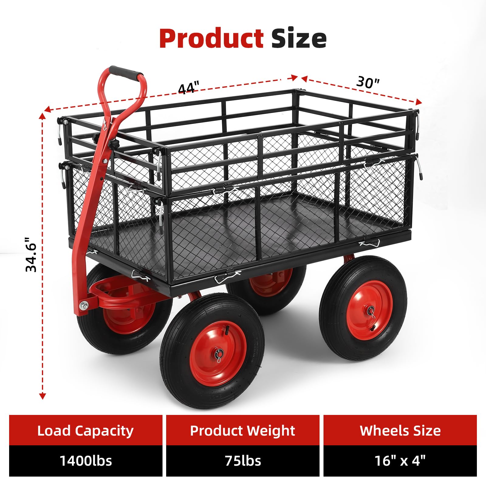 GARVEE 1400lbs Heavy Duty Steel Garden Cart - Removable Mesh Sides Utility Wagon with 2-in-1 Rotating Handle & 16