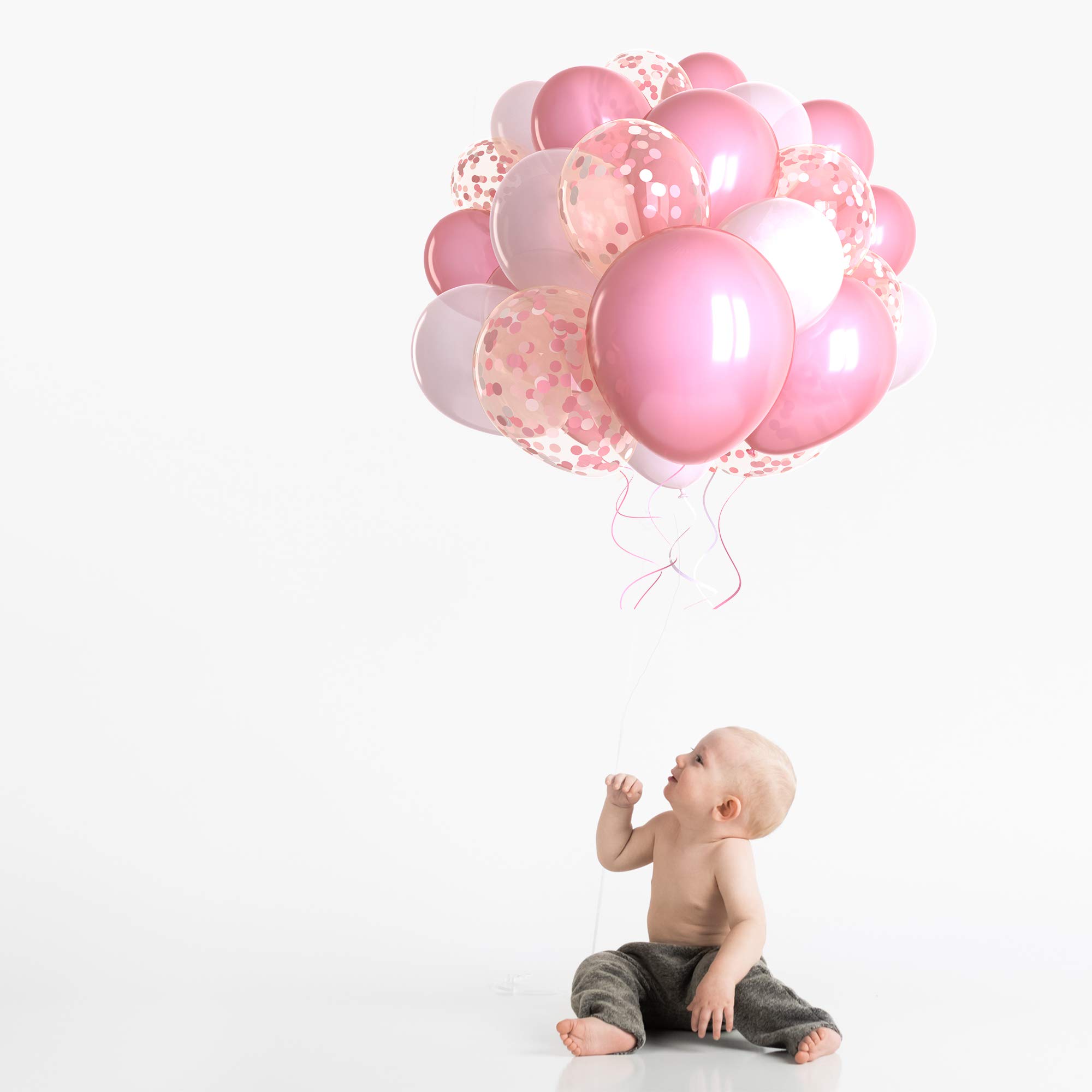 Dandy Decor 60 Pack Pink Latex Balloons with Pink Confetti & White Ribbon - Bulk Party Decorations for Birthdays, Weddings & Baby Showers