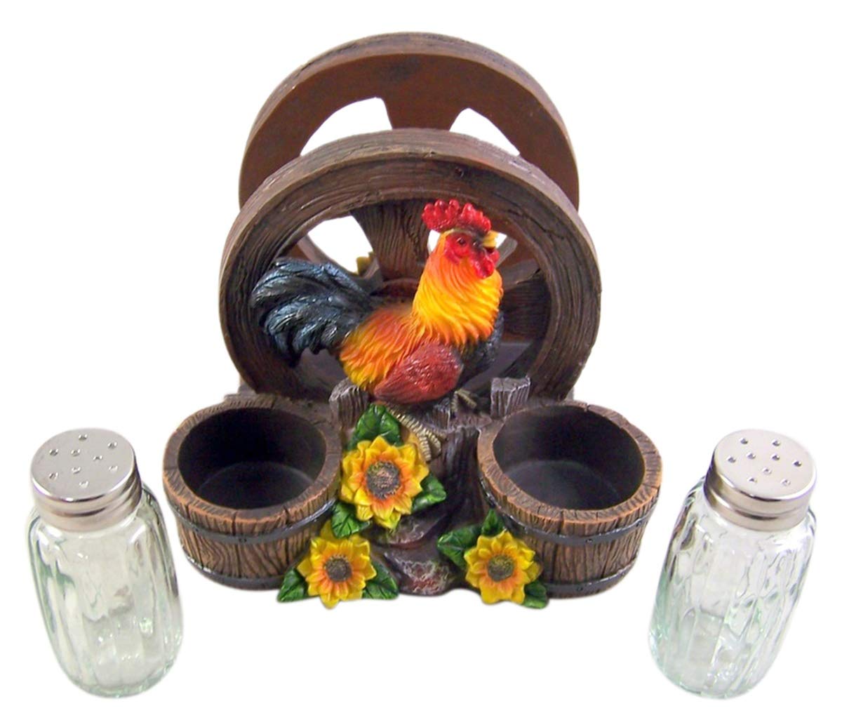 DWK Country Diner Rooster Napkin & Spice Holder Set with Wagon Wheel & Sunflowers - 3-Piece Rustic Kitchen Decor for Farmhouse Dining Table (6