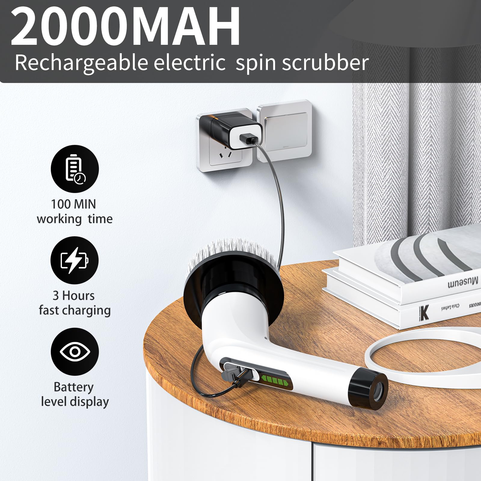Electric Spin Scrubber with 8 Brush Heads - IPX7 Waterproof Shower Cleaner, Cordless Bathroom & Kitchen Cleaning Brush with LCD Display & Adjustable Handle - Perfect for Tile Grout, Bathtubs, Sinks and Stove Tops