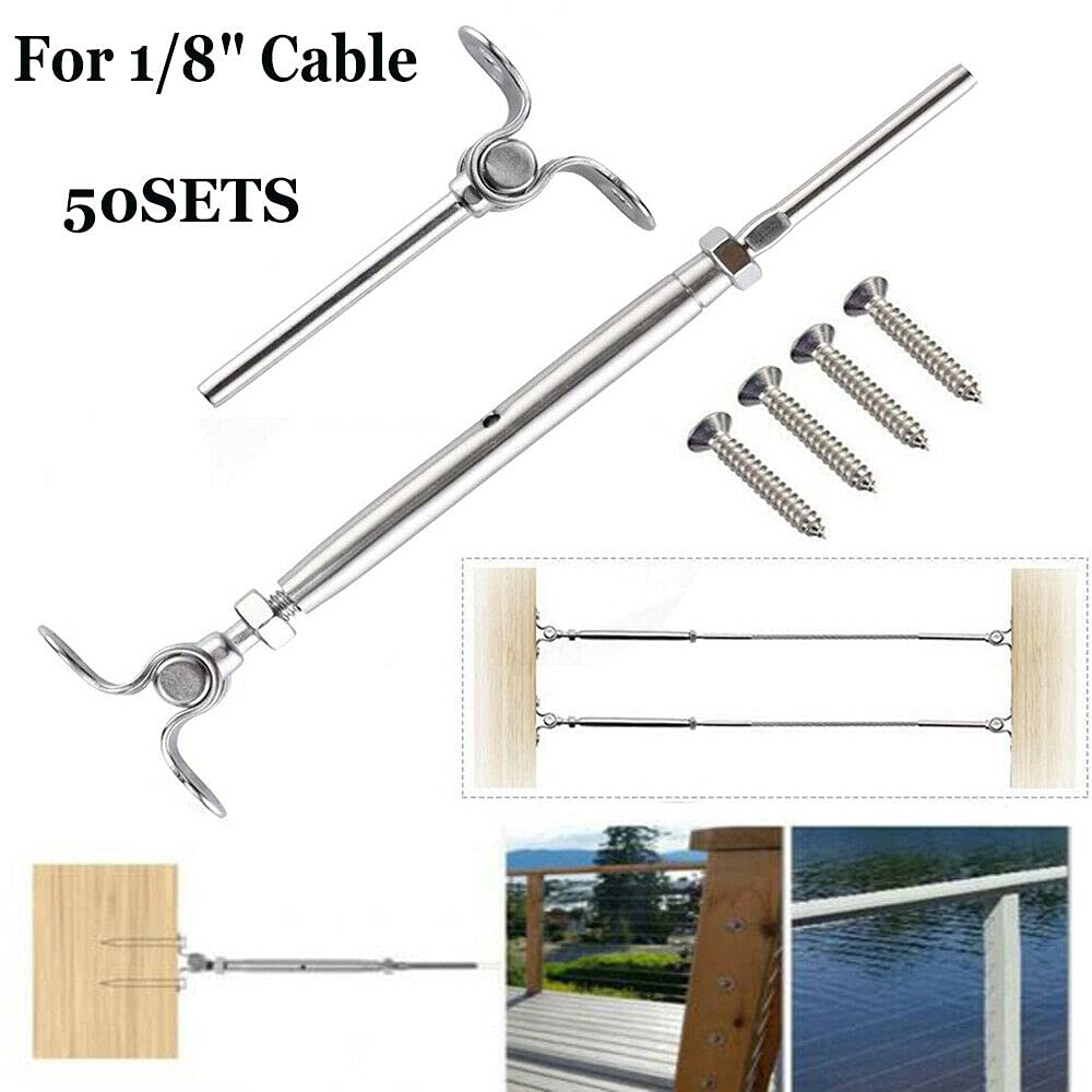 50 Pack 180° Adjustable T-316 Stainless Steel Cable Railing Kit - Marine Grade Deck Hardware with Hand Swage Threaded Stud Tensioner for 1/8