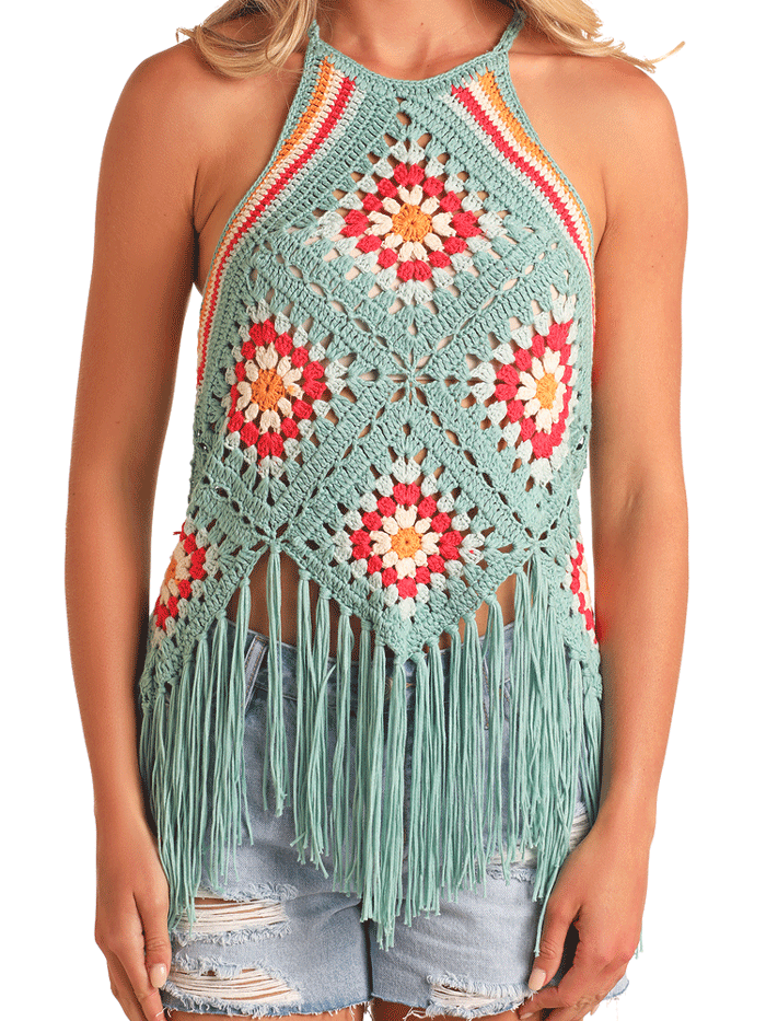 Rock & Roll Denim BW20T05965 Women's Crochet Fringe Halter Top in Turquoise - Boho Chic Summer Outfit for Music Festivals & Beach Vacations