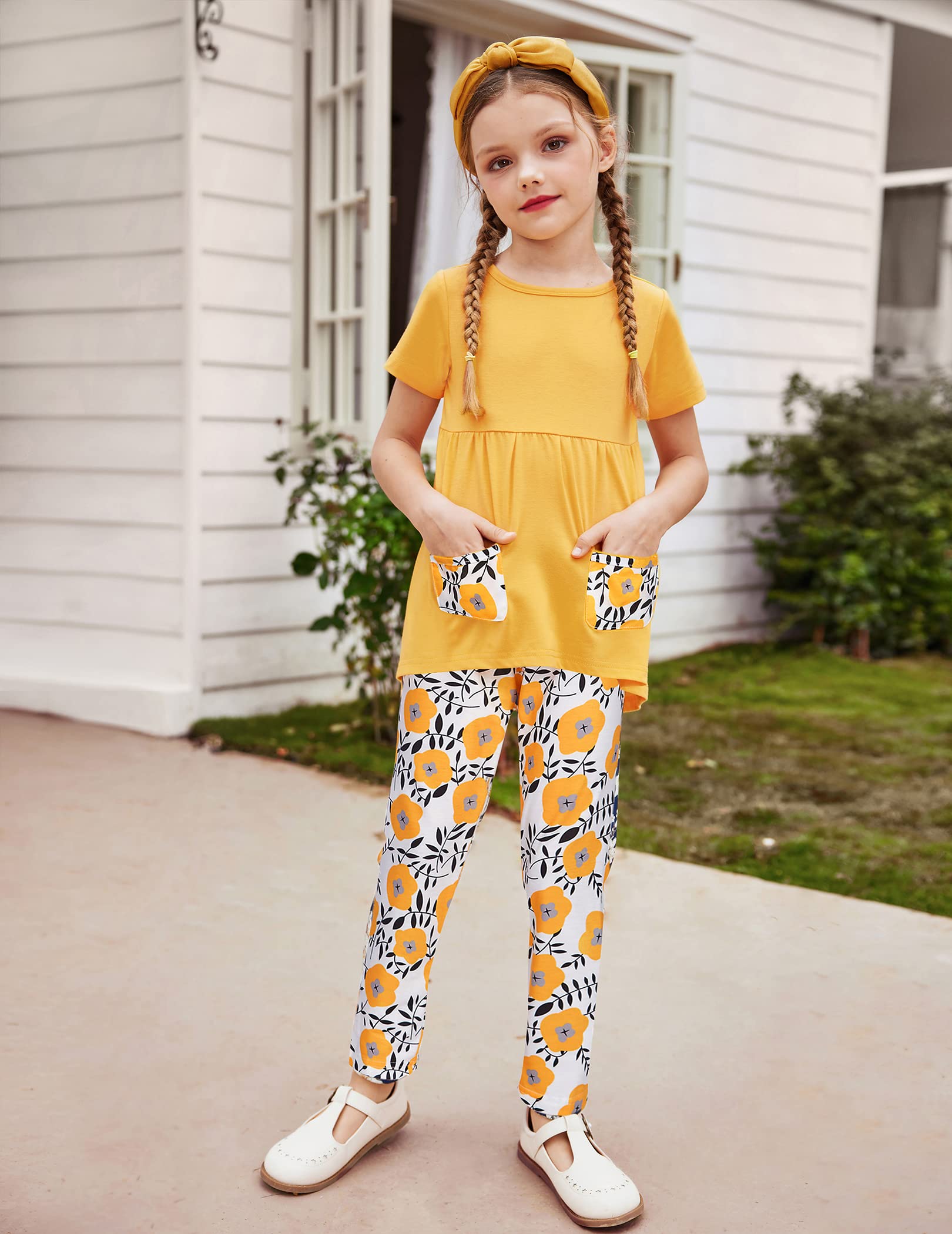 Arshiner Toddler Girls Floral Hi-Lo Top & Pants Set - 2 Piece Short Sleeve Outfit with Pockets | Cute Playtime & Party Clothes for Little Girls