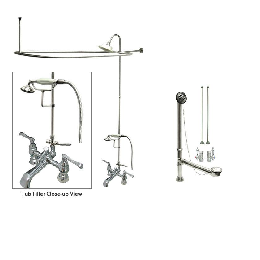 Vintage Chrome Clawfoot Bathtub Faucet Shower Kit with Enclosure & Curtain Rod - 1152T1CTS | Perfect for Classic Bathroom Renovations & Freestanding Tub Installations