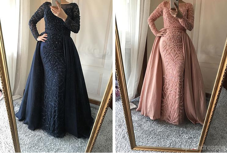 Elegant Long Sleeve Sheer Beaded Dusty Pink Evening Prom Dress - 2018 Popular Party Gown for Formal Events & Special Occasions