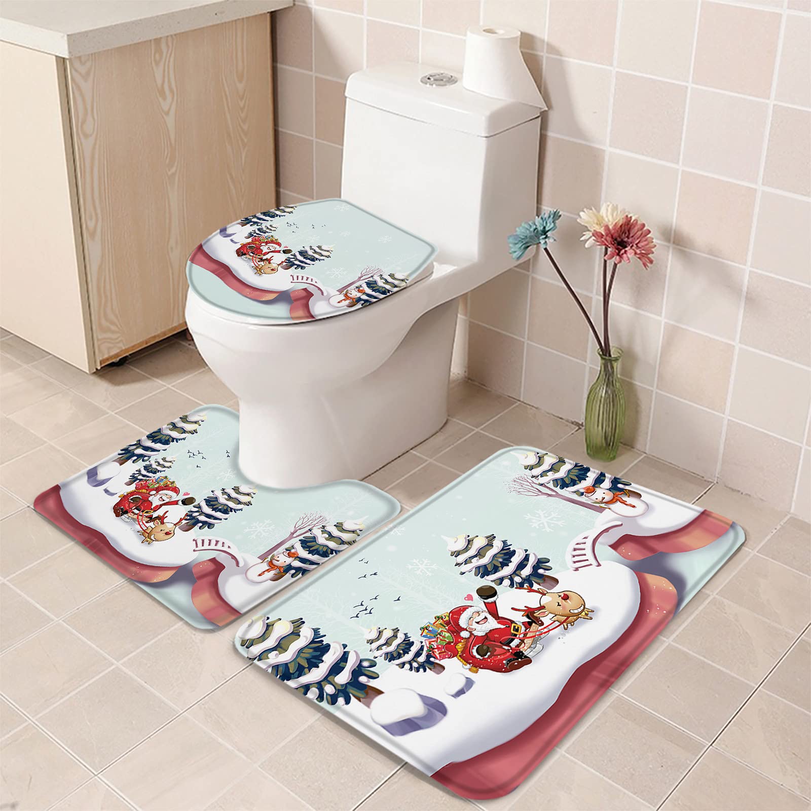 3-Piece Christmas Bathroom Rugs Set - Non-Slip Ultra Soft Santa Claus Elk Snow Winter Design Bath Mat, Contour Mat & Lid Cover for Tub, Shower - Perfect Holiday Bathroom Decor & Cozy Winter Home Upgrade