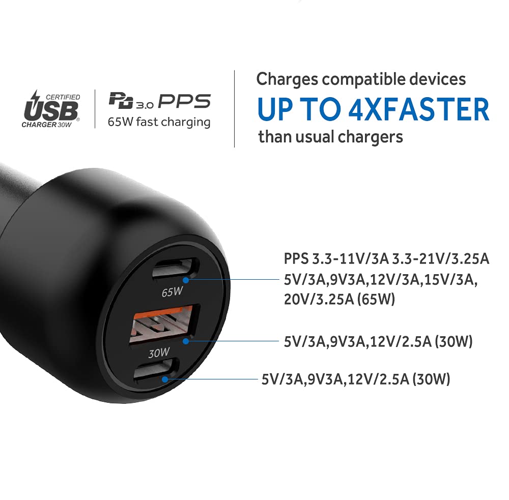 95W 3-Port USB C Fast Car Charger with 65W/30W PPS PD - Type C & QC3.0 Metal USB Car Adapter for iPhone 15/14 Pro Max, Samsung S21/S10/Note10/20, iPad & MacBook - Fast Charging on Road Trips & Commutes