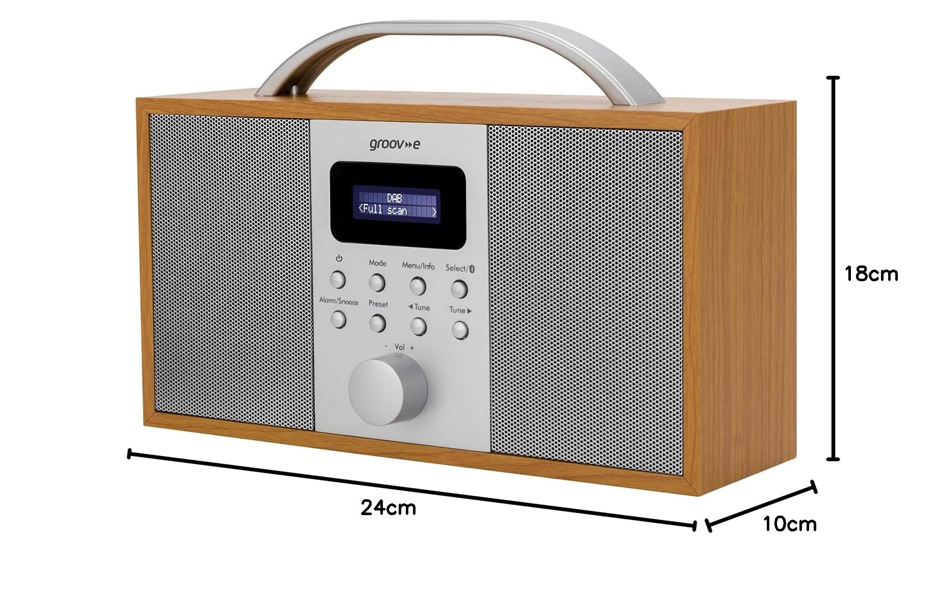 Groov-e Boston Wooden DAB & FM Digital Radio with Bluetooth, Alarm Clock, LCD Display - Portable Wireless Radio for Home, Office, Travel - 40 Preset Stations, Dynamic Range Control - Battery or Mains Powered